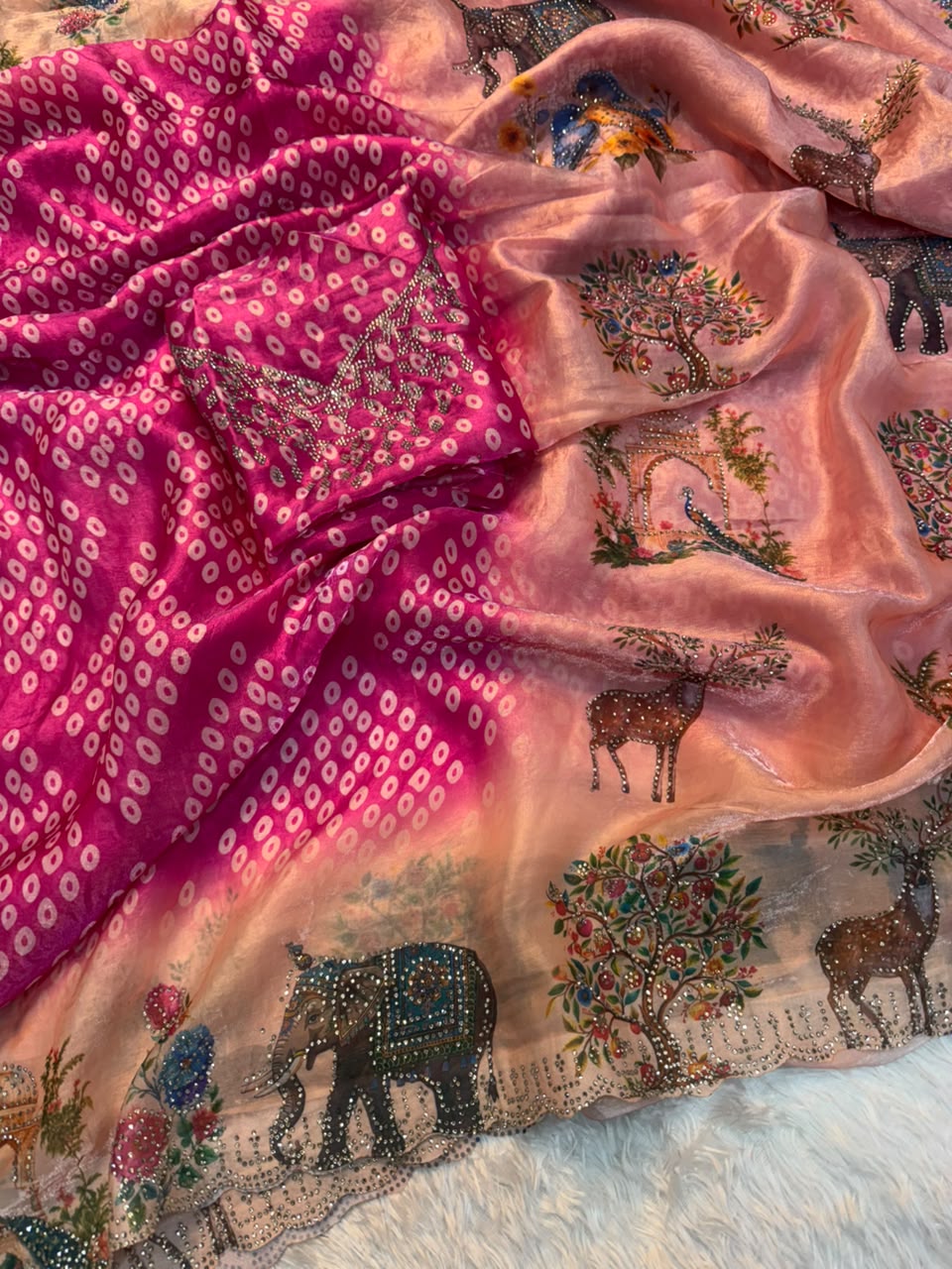 Adorning Function Wear Silk Digital n Bandhani Print Siroski Work Designer Saree