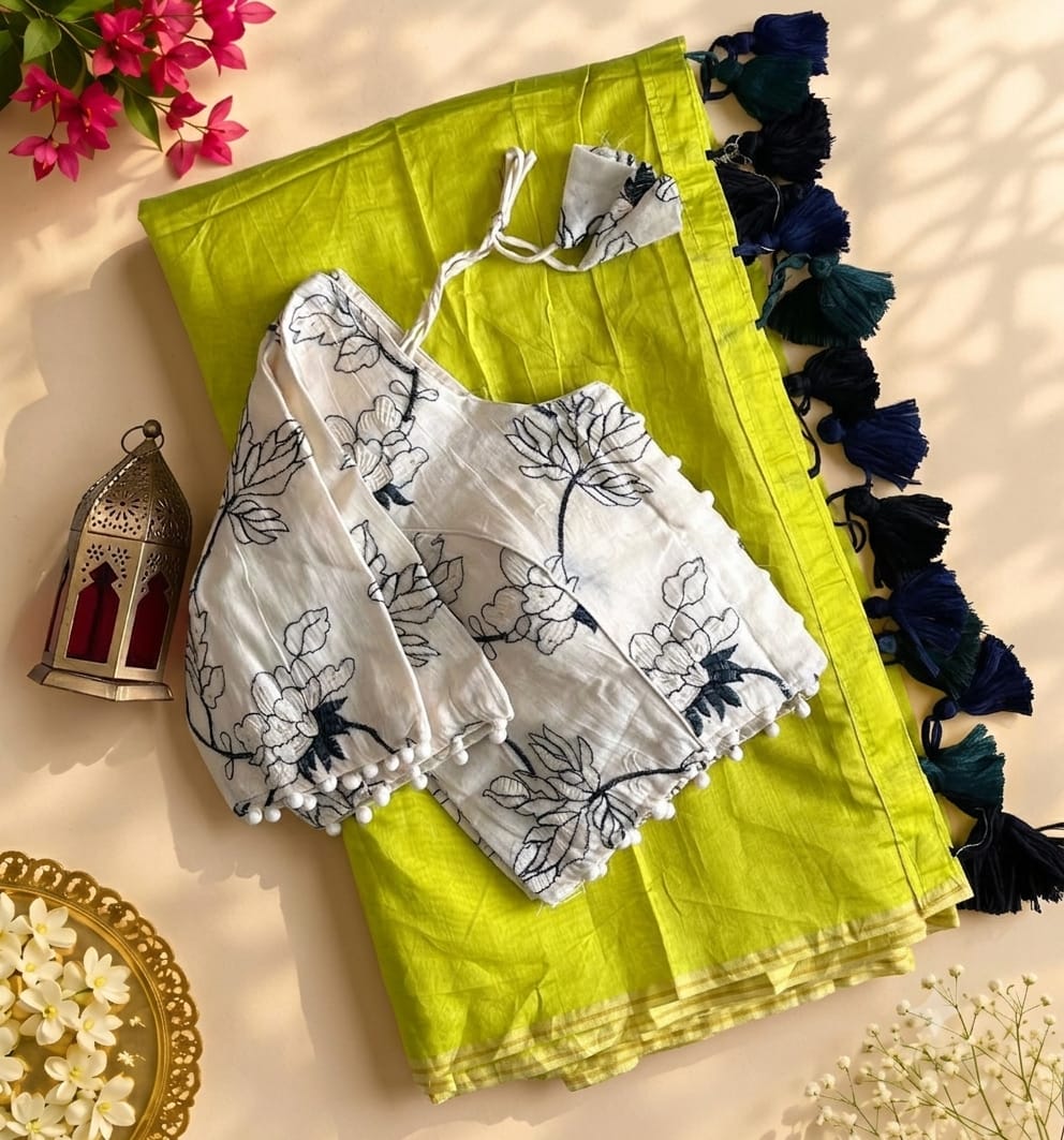 Scrupulous Festive Wear Chanderi Cotton Embroidery n Tussels Work Fancy Saree With Stitched Blouse