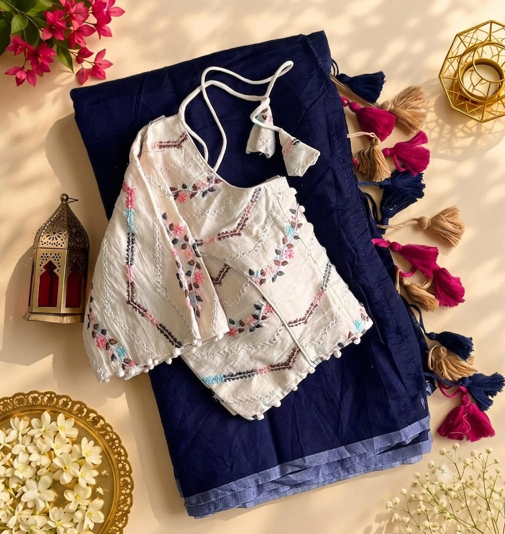 Scrupulous Festive Wear Chanderi Cotton Embroidery n Tussels Work Fancy Saree With Stitched Blouse