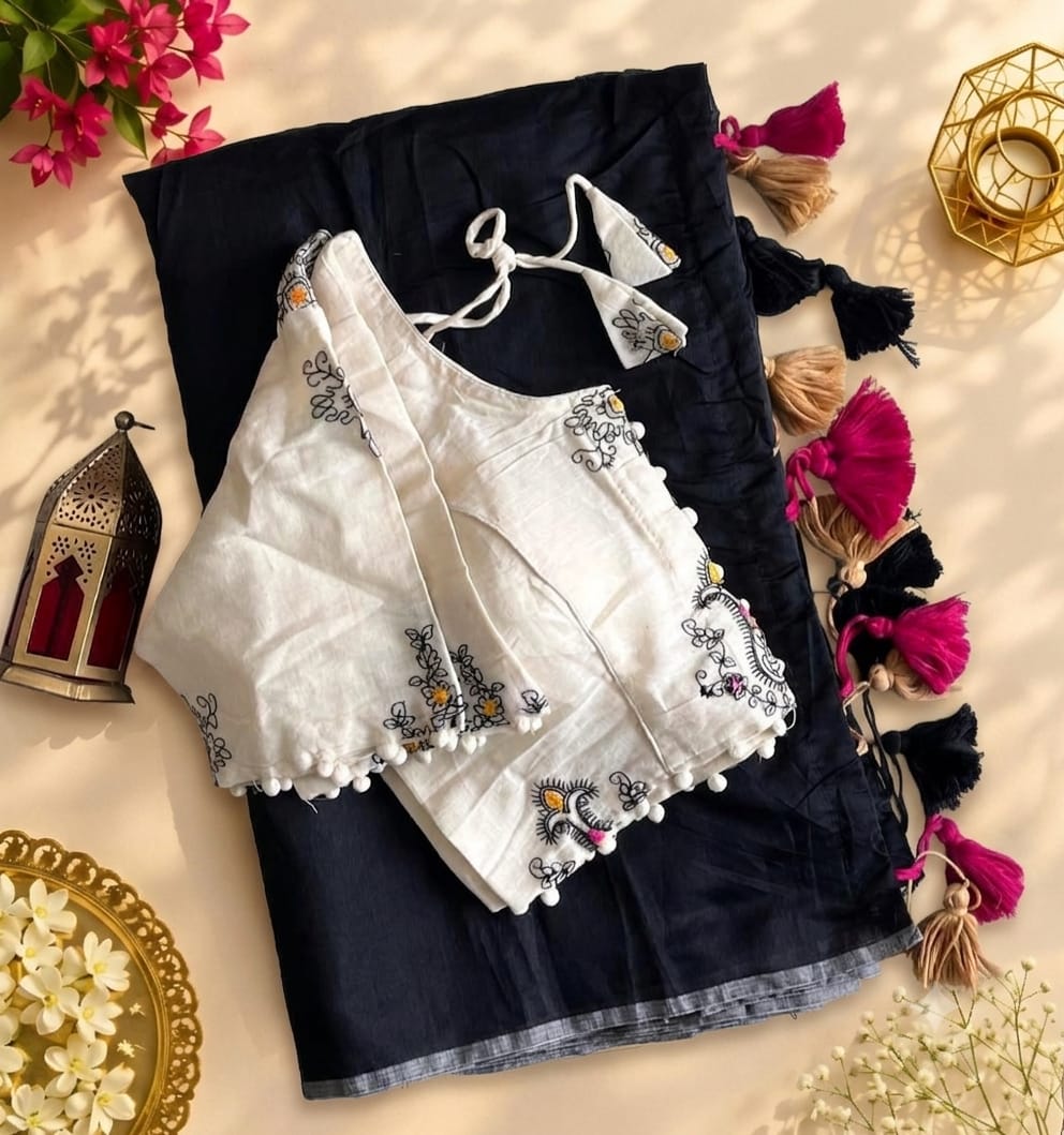 Scrupulous Festive Wear Chanderi Cotton Embroidery n Tussels Work Fancy Saree With Stitched Blouse