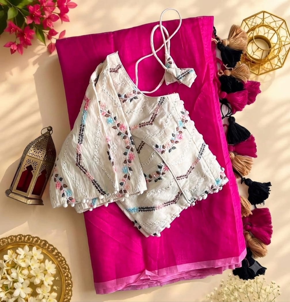 Scrupulous Festive Wear Chanderi Cotton Embroidery n Tussels Work Fancy Saree With Stitched Blouse