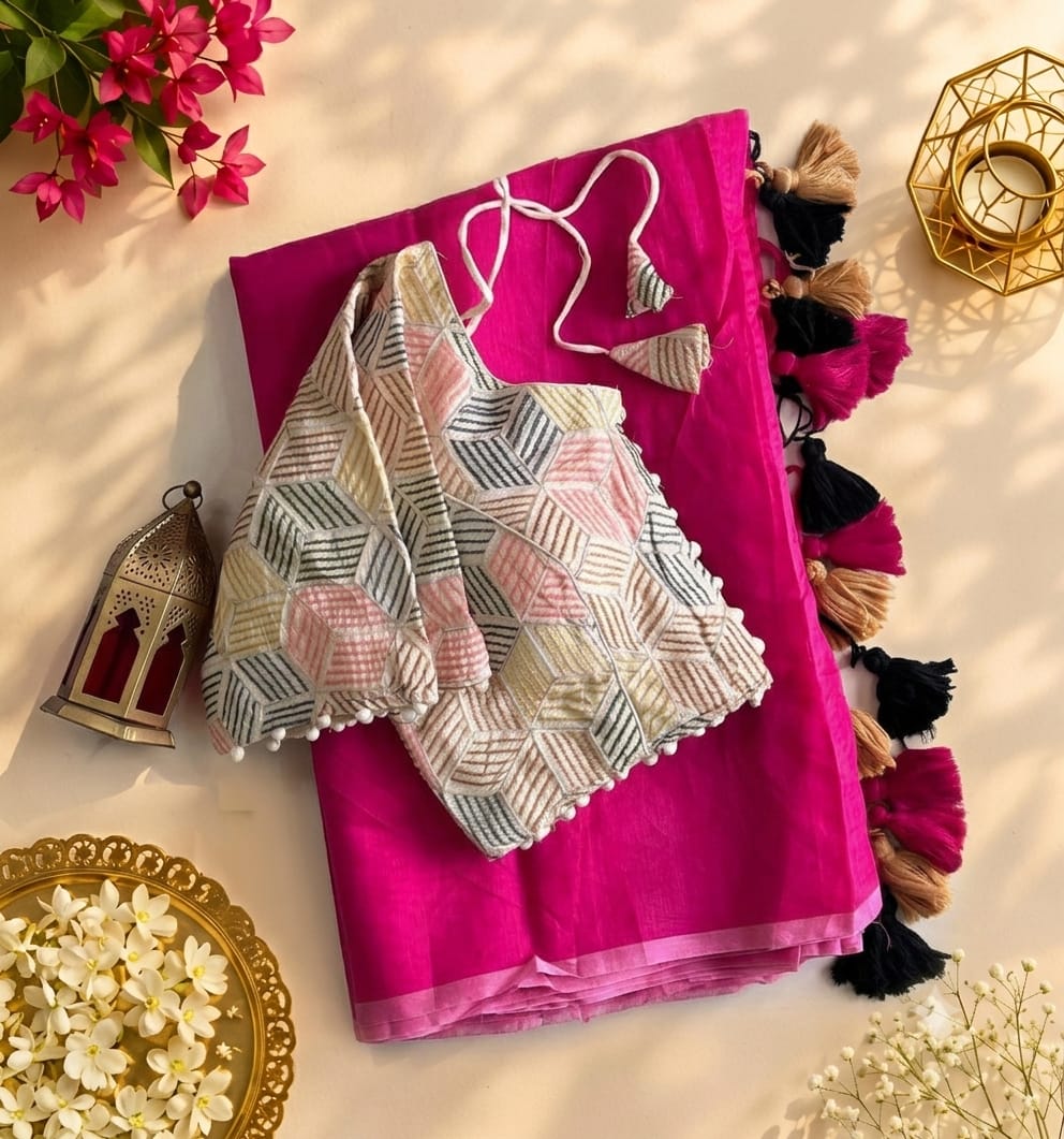 Scrupulous Festive Wear Chanderi Cotton Embroidery n Tussels Work Fancy Saree With Stitched Blouse