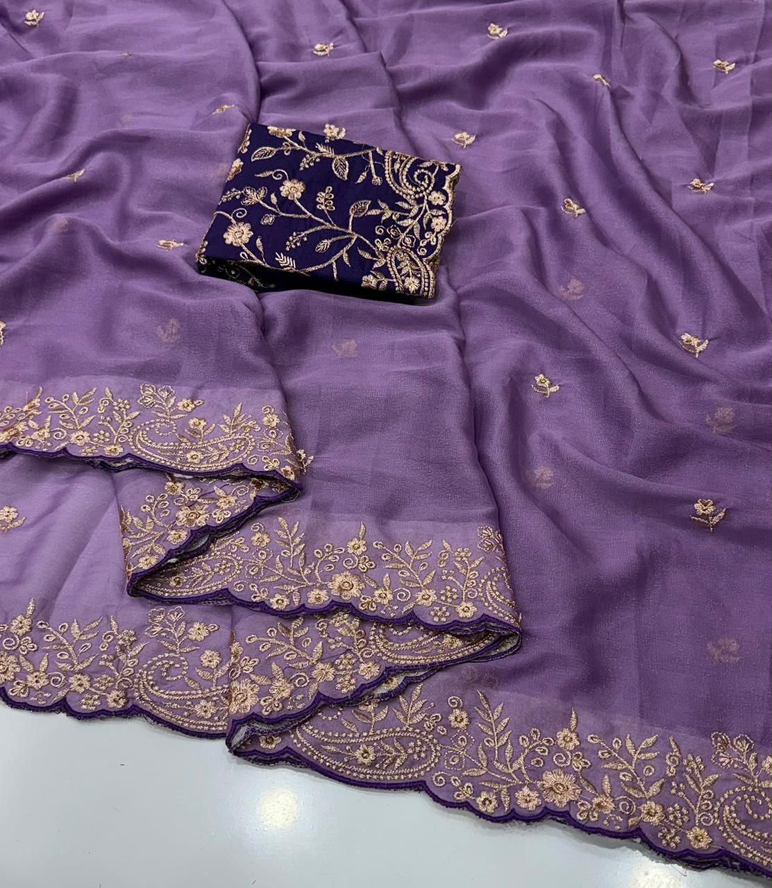 Incredible Festive Wear Georgette Embroidery Work Fancy Saree With Blissful Blouse Piece