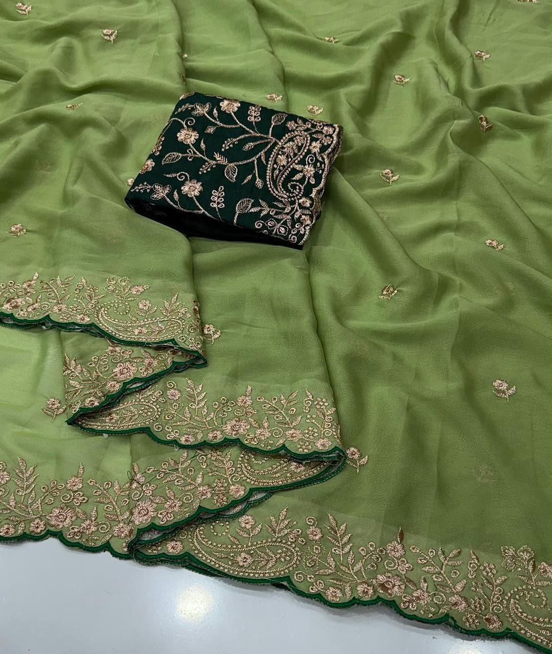 Incredible Festive Wear Georgette Embroidery Work Fancy Saree With Blissful Blouse Piece