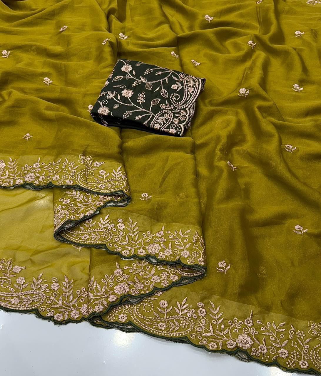 Incredible Festive Wear Georgette Embroidery Work Fancy Saree With Blissful Blouse Piece