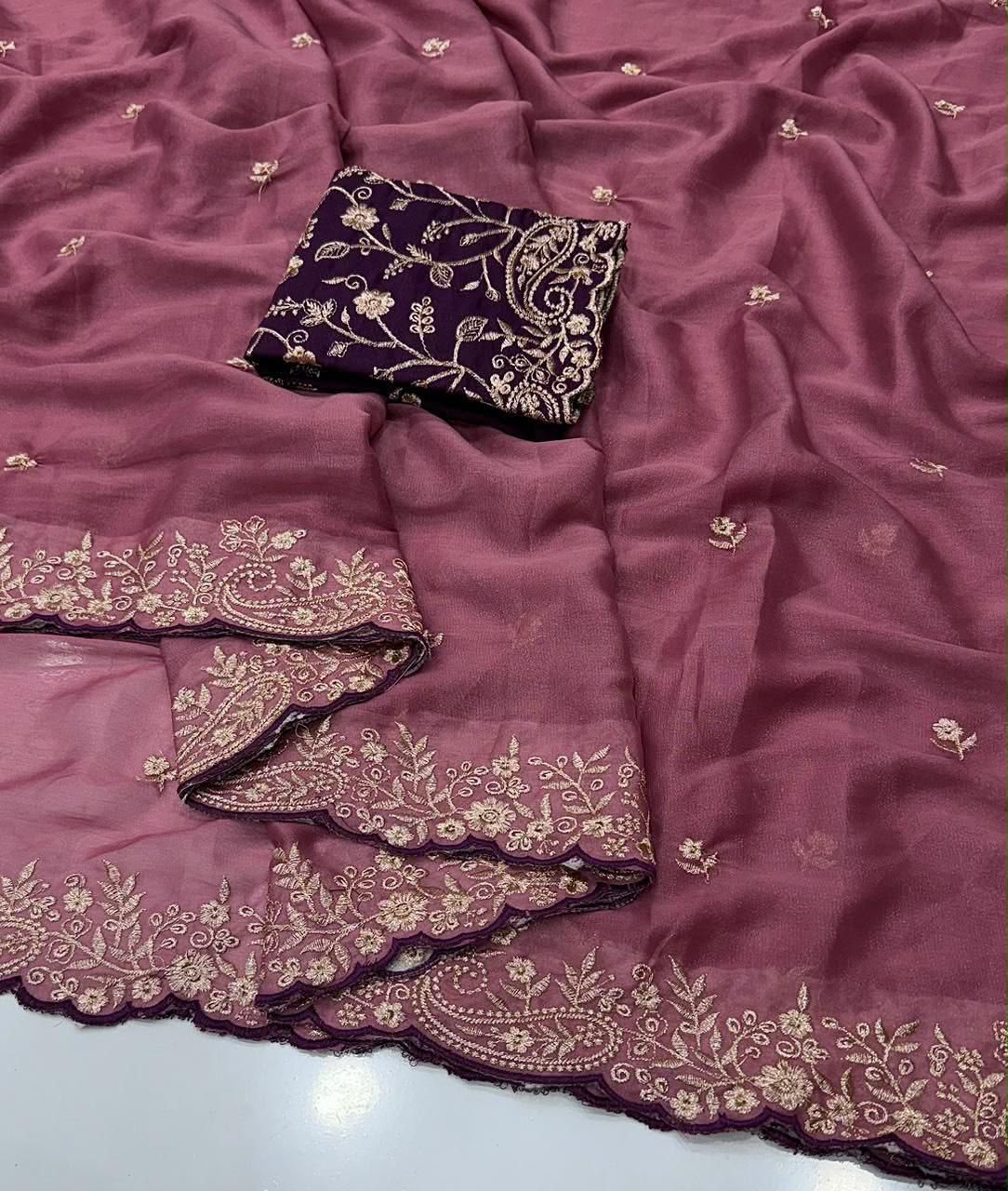 Incredible Festive Wear Georgette Embroidery Work Fancy Saree With Blissful Blouse Piece