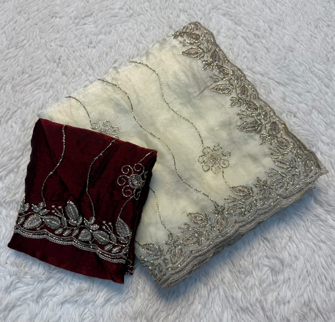 Alverina Wedding Wear Silk Embroidery Sequence n Beads Work Designer Saree With Blouse Piece