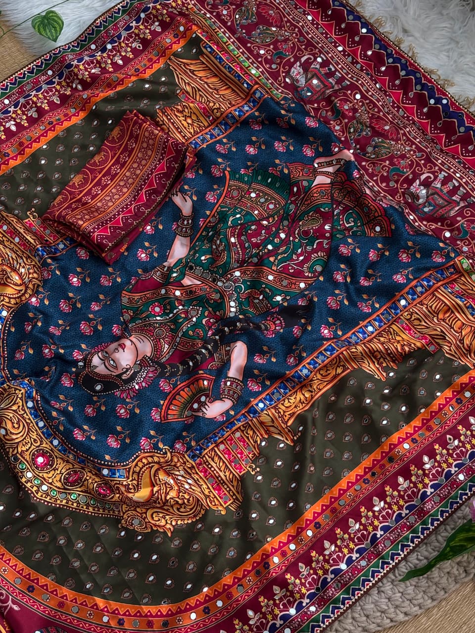 Dazzling Festive Wear Silk Print Mirror n Moti Work Rich Pallu Designer Saree With Unstitched Blouse Piece