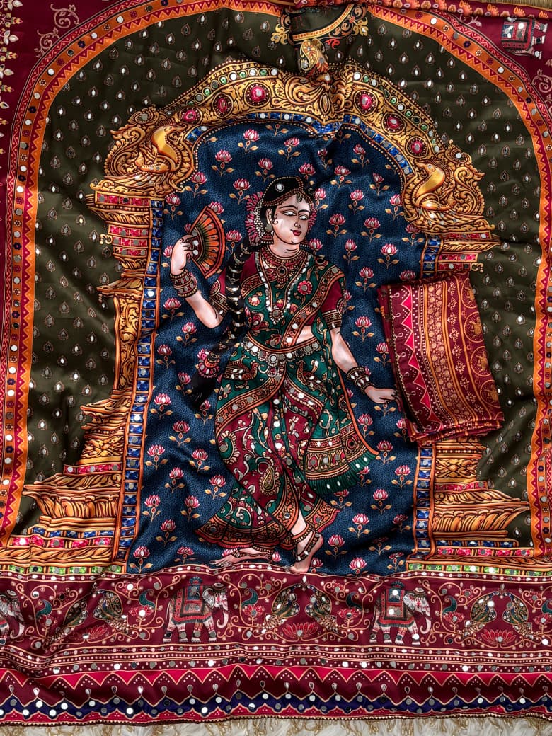 Dazzling Festive Wear Silk Print Mirror n Moti Work Rich Pallu Designer Saree With Unstitched Blouse Piece