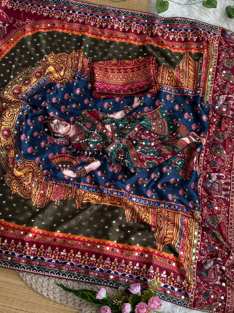 Dazzling Festive Wear Silk Print Mirror n Moti Work Rich Pallu Designer Saree With Unstitched Blouse Piece