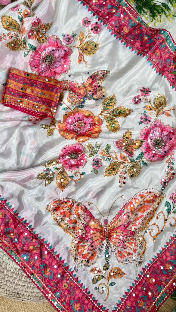 Attractive Wedding Wear Chinoon Silk Digital Print Mirror n Handwork Fancy Saree With Blissful Blouse Piece