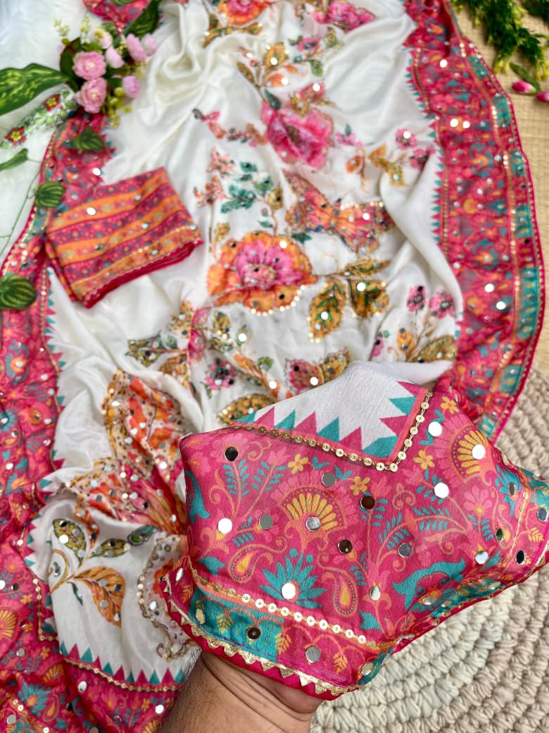 Attractive Wedding Wear Chinoon Silk Digital Print Mirror n Handwork Fancy Saree With Blissful Blouse Piece