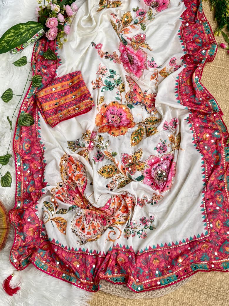 Attractive Wedding Wear Chinoon Silk Digital Print Mirror n Handwork Fancy Saree With Blissful Blouse Piece