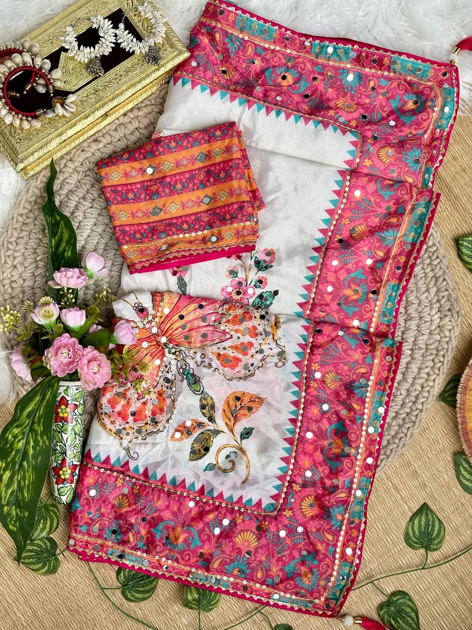 Attractive Wedding Wear Chinoon Silk Digital Print Mirror n Handwork Fancy Saree With Blissful Blouse Piece