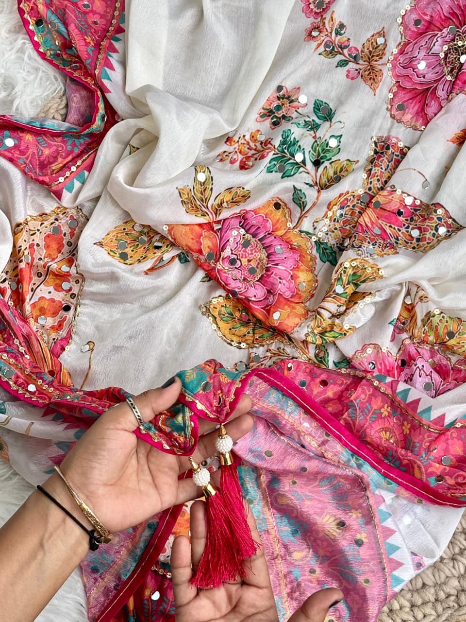 Attractive Wedding Wear Chinoon Silk Digital Print Mirror n Handwork Fancy Saree With Blissful Blouse Piece
