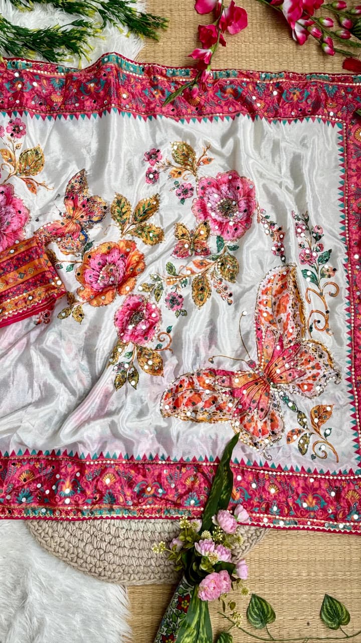 Attractive Wedding Wear Chinoon Silk Digital Print Mirror n Handwork Fancy Saree With Blissful Blouse Piece