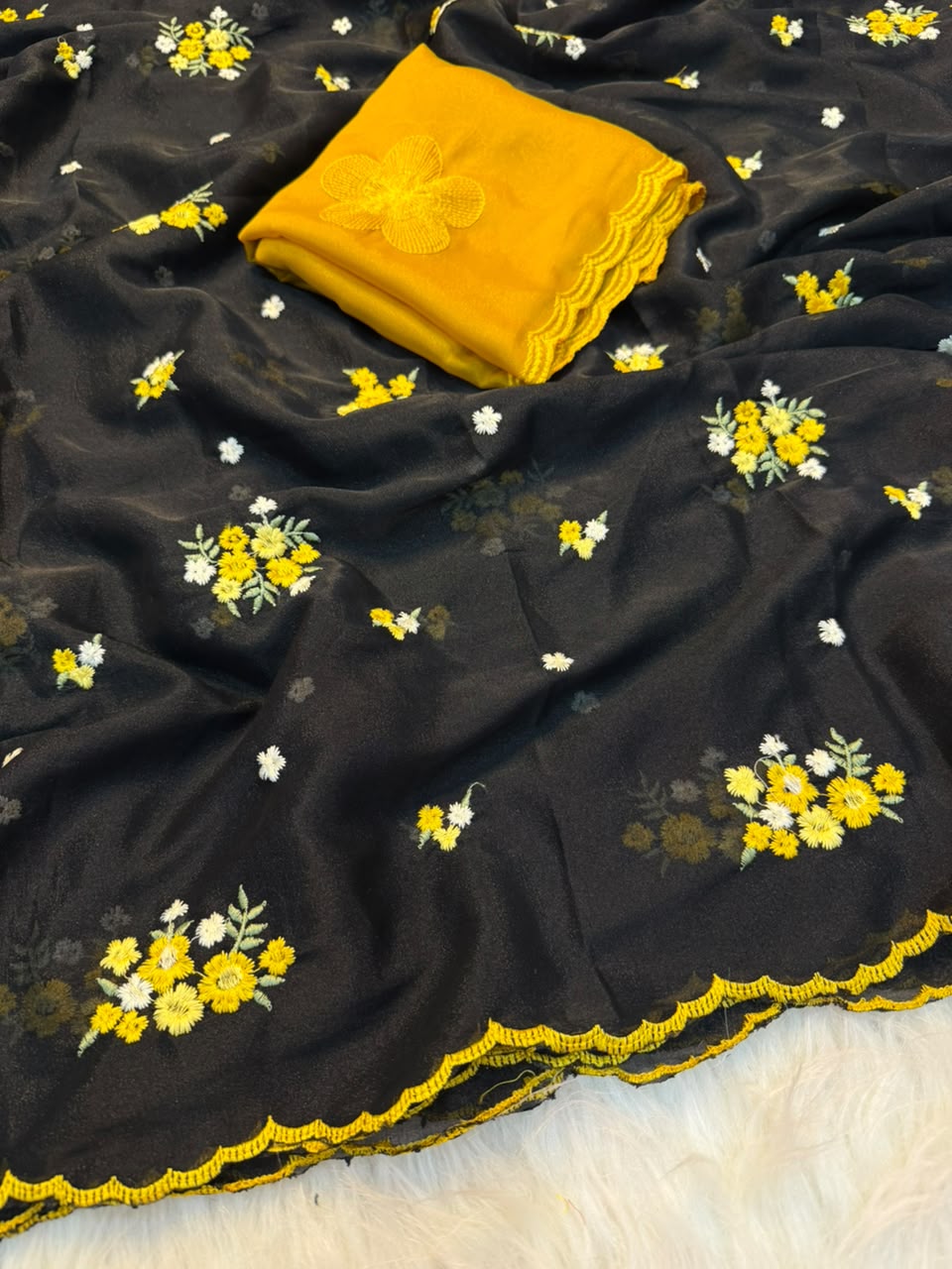 Heritage Festive Wear Soft Georgette Embroidery Work Designer Saree With Contrast Blouse Piece