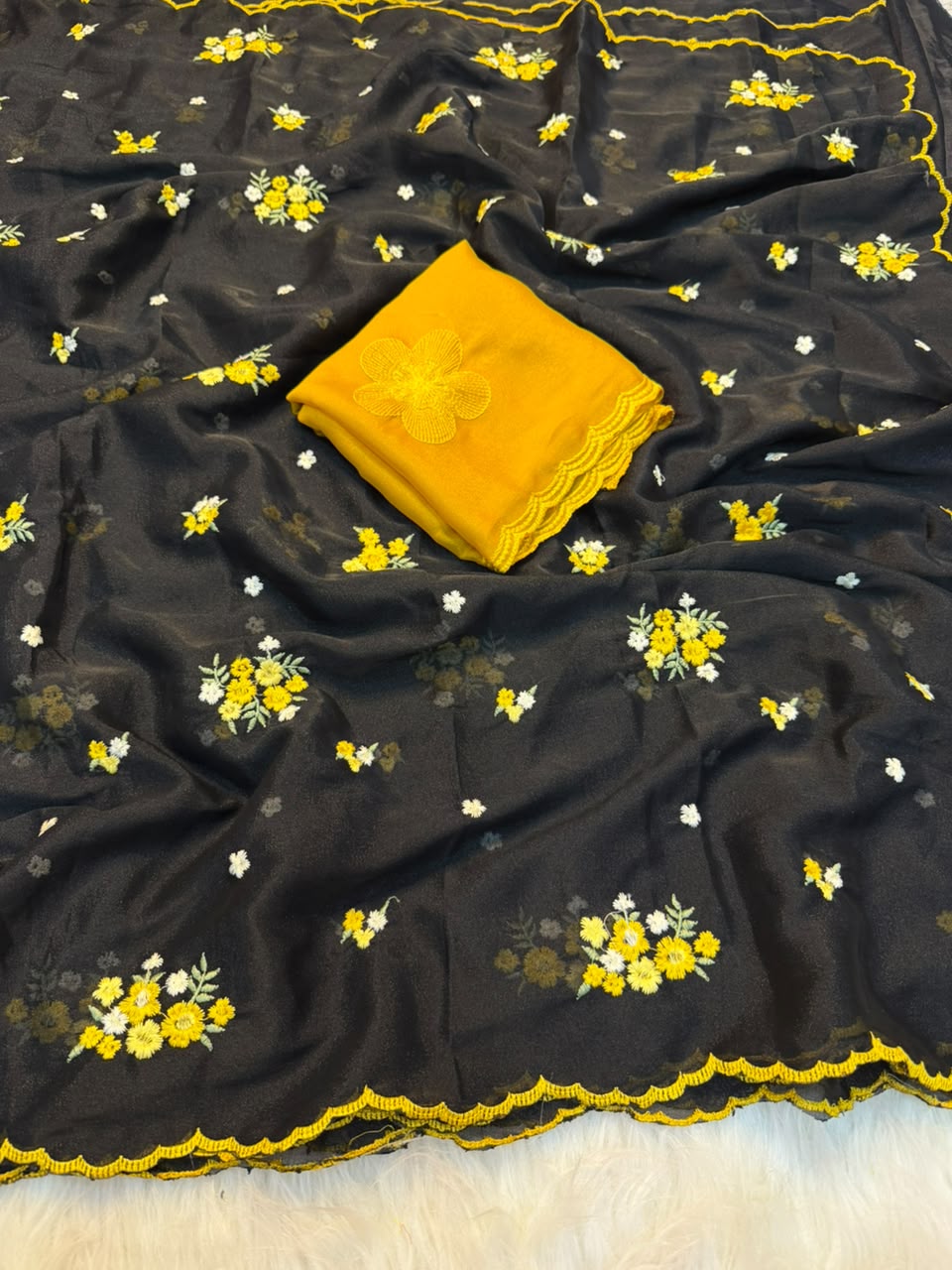 Heritage Festive Wear Soft Georgette Embroidery Work Designer Saree With Contrast Blouse Piece