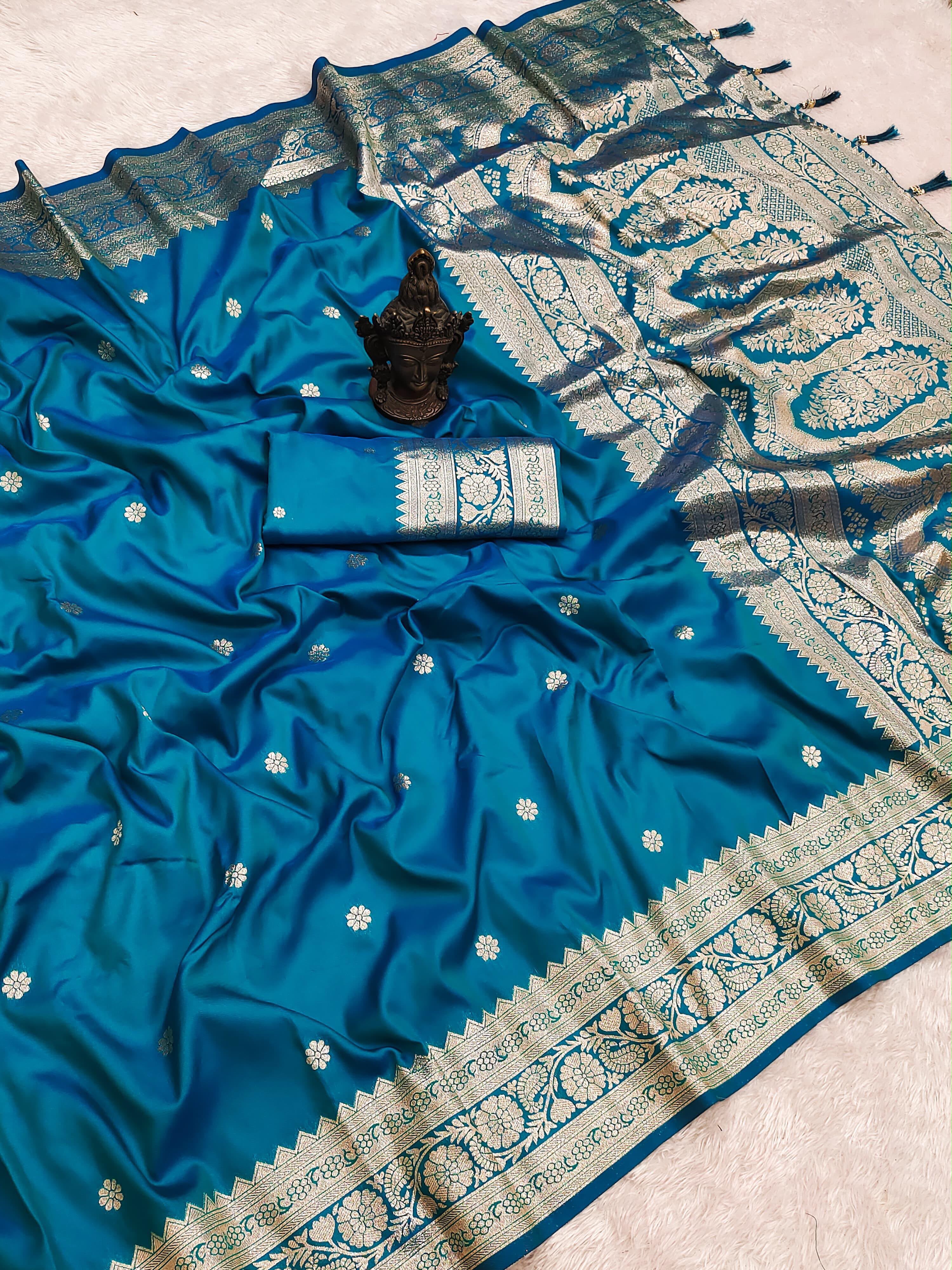 Effervescent Party Wear Pure Banarasi Silk Zari Weaving Border n Rich Pallu Fancy Saree With Blouse Piece