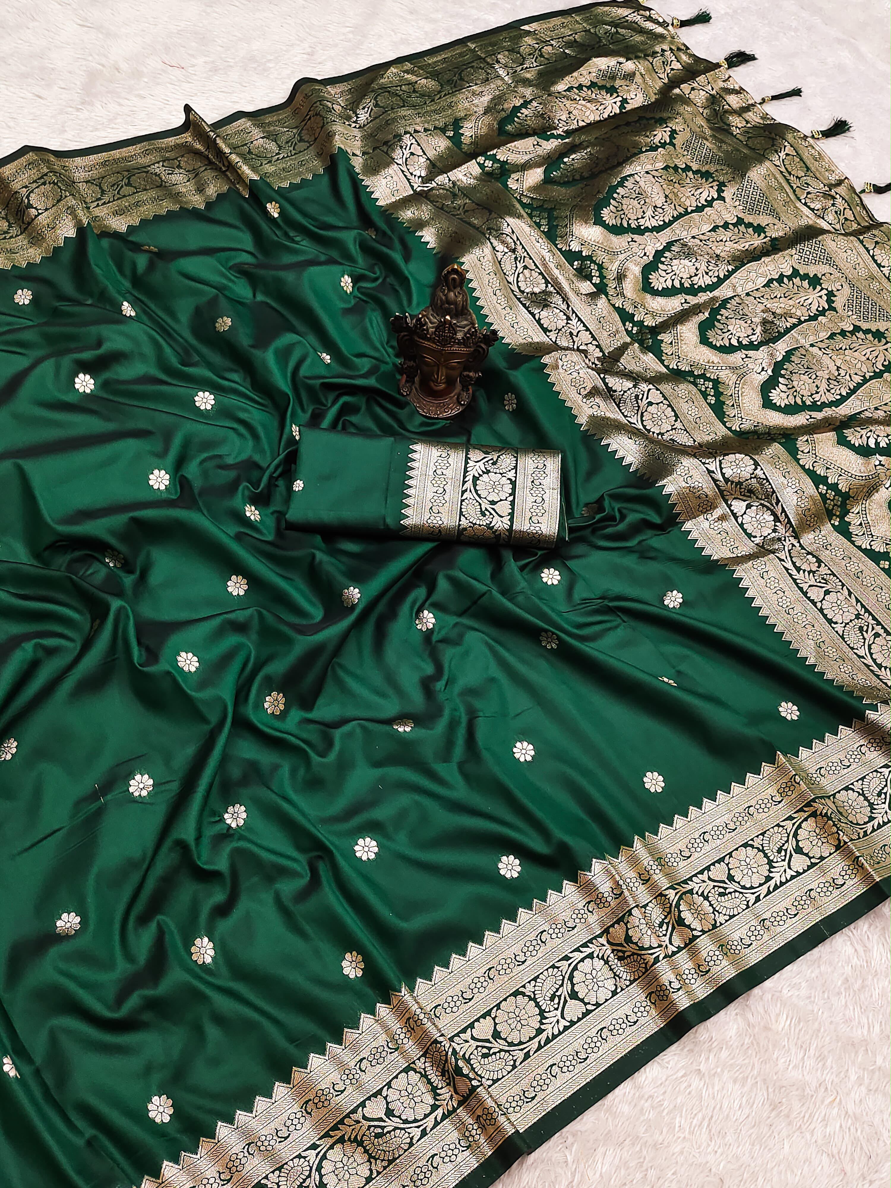 Effervescent Party Wear Pure Banarasi Silk Zari Weaving Border n Rich Pallu Fancy Saree With Blouse Piece