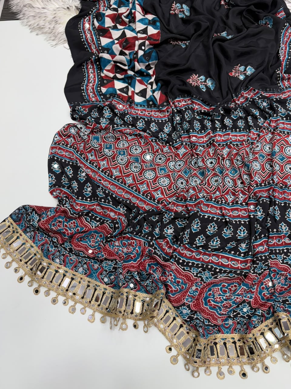 Charming Party Wear Pure Satin Silk Ajrak Printed Rich Pallu n Mirror Work Designer Saree With Blouse Piece