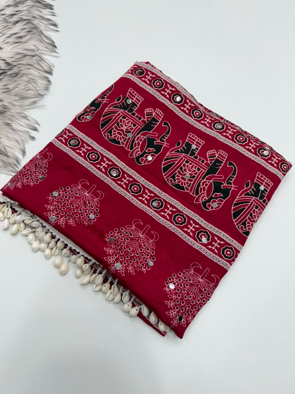 Gratifying Festive Wear Pure Satin Silk Ajrak Printed Heavy Border Rich Pallu n Mirror Work Designer Saree