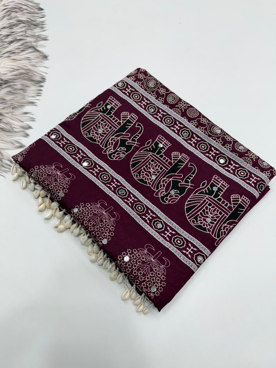 Gratifying Festive Wear Pure Satin Silk Ajrak Printed Heavy Border Rich Pallu n Mirror Work Designer Saree