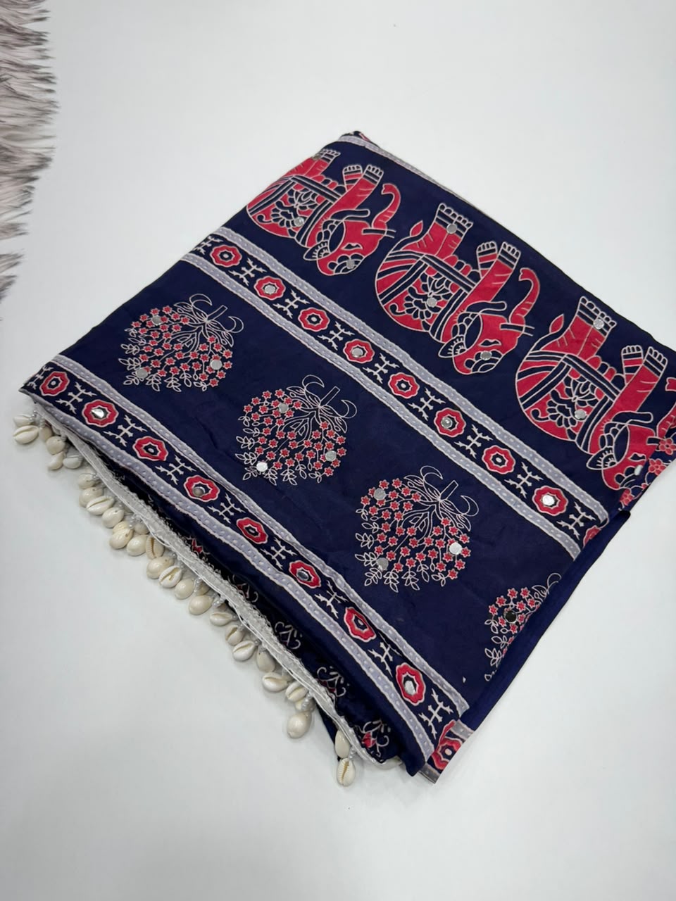 Gratifying Festive Wear Pure Satin Silk Ajrak Printed Heavy Border Rich Pallu n Mirror Work Designer Saree