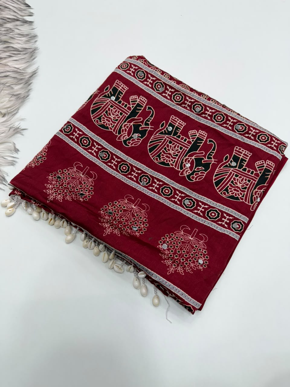 Gratifying Festive Wear Pure Satin Silk Ajrak Printed Heavy Border Rich Pallu n Mirror Work Designer Saree