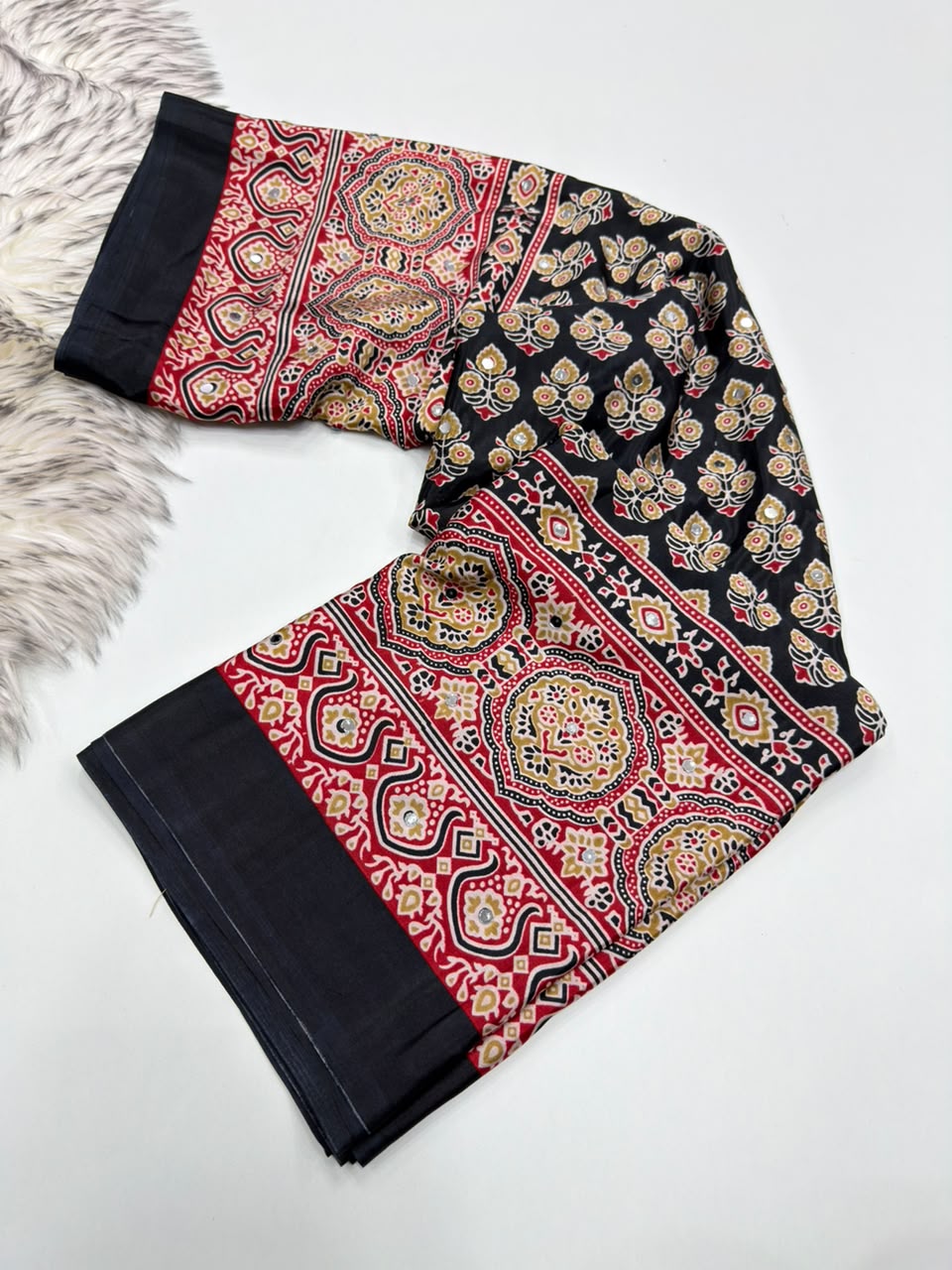 Opulent Function Wear Pure Satin Silk Ajrak Printed Rich Pallu n Mirror Work Fancy Saree With Blouse Piece