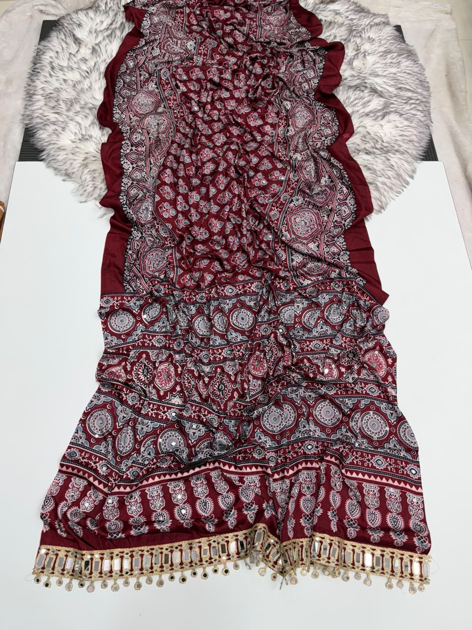 Opulent Function Wear Pure Satin Silk Ajrak Printed Rich Pallu n Mirror Work Fancy Saree With Blouse Piece