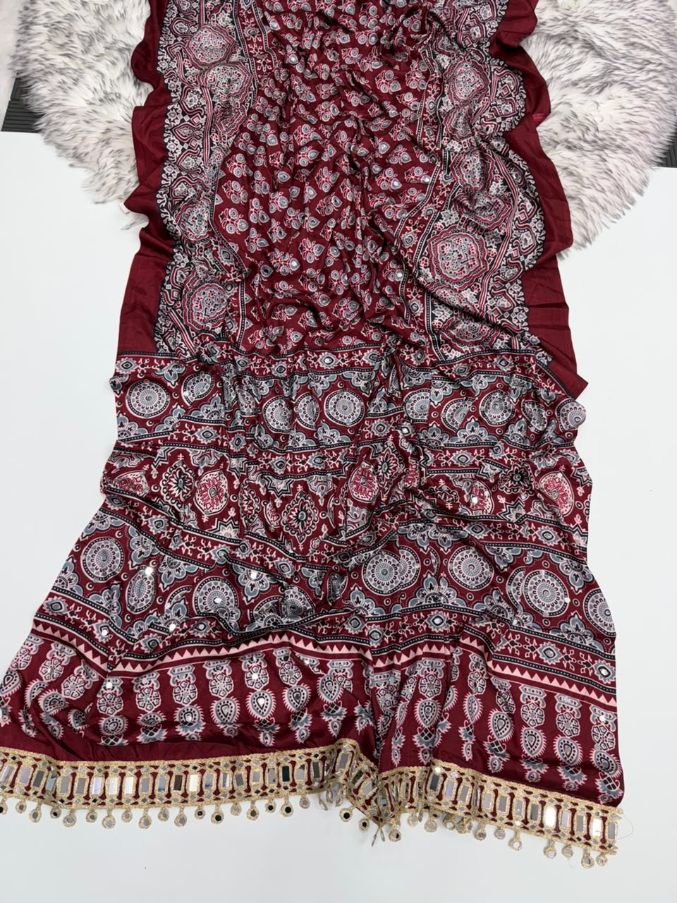 Opulent Function Wear Pure Satin Silk Ajrak Printed Rich Pallu n Mirror Work Fancy Saree With Blouse Piece