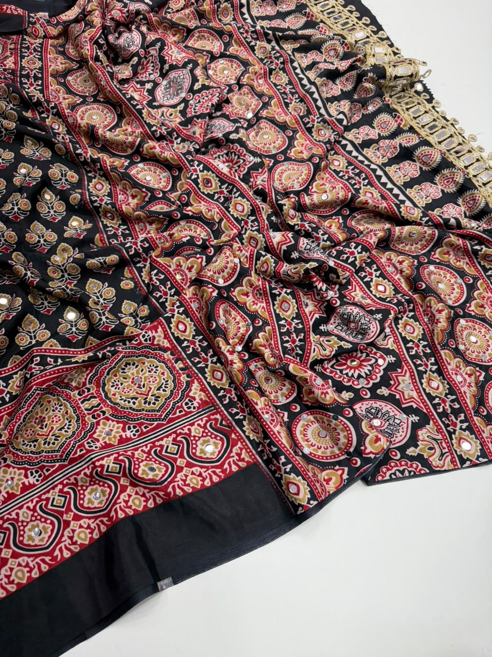 Opulent Function Wear Pure Satin Silk Ajrak Printed Rich Pallu n Mirror Work Fancy Saree With Blouse Piece