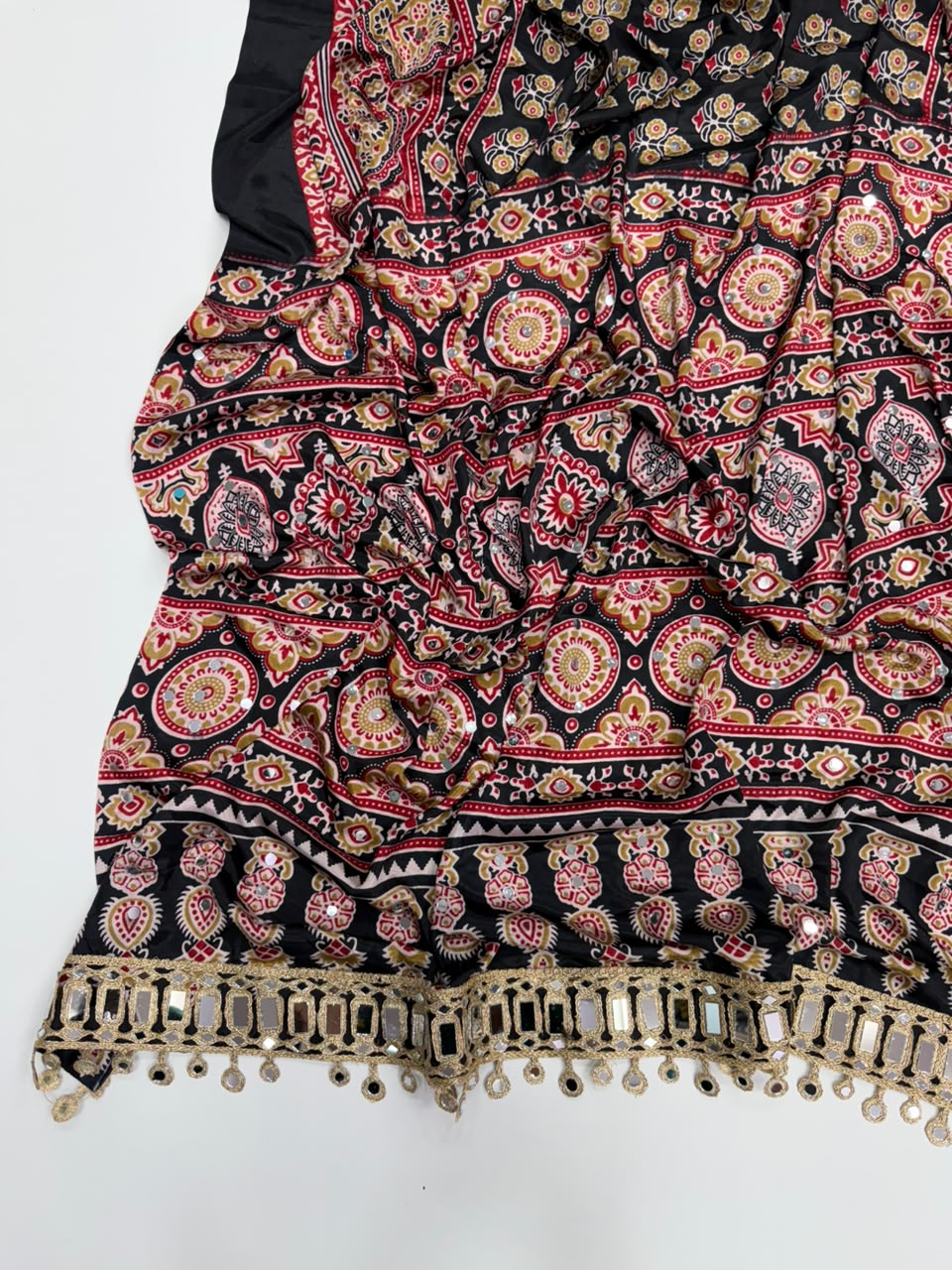 Opulent Function Wear Pure Satin Silk Ajrak Printed Rich Pallu n Mirror Work Fancy Saree With Blouse Piece