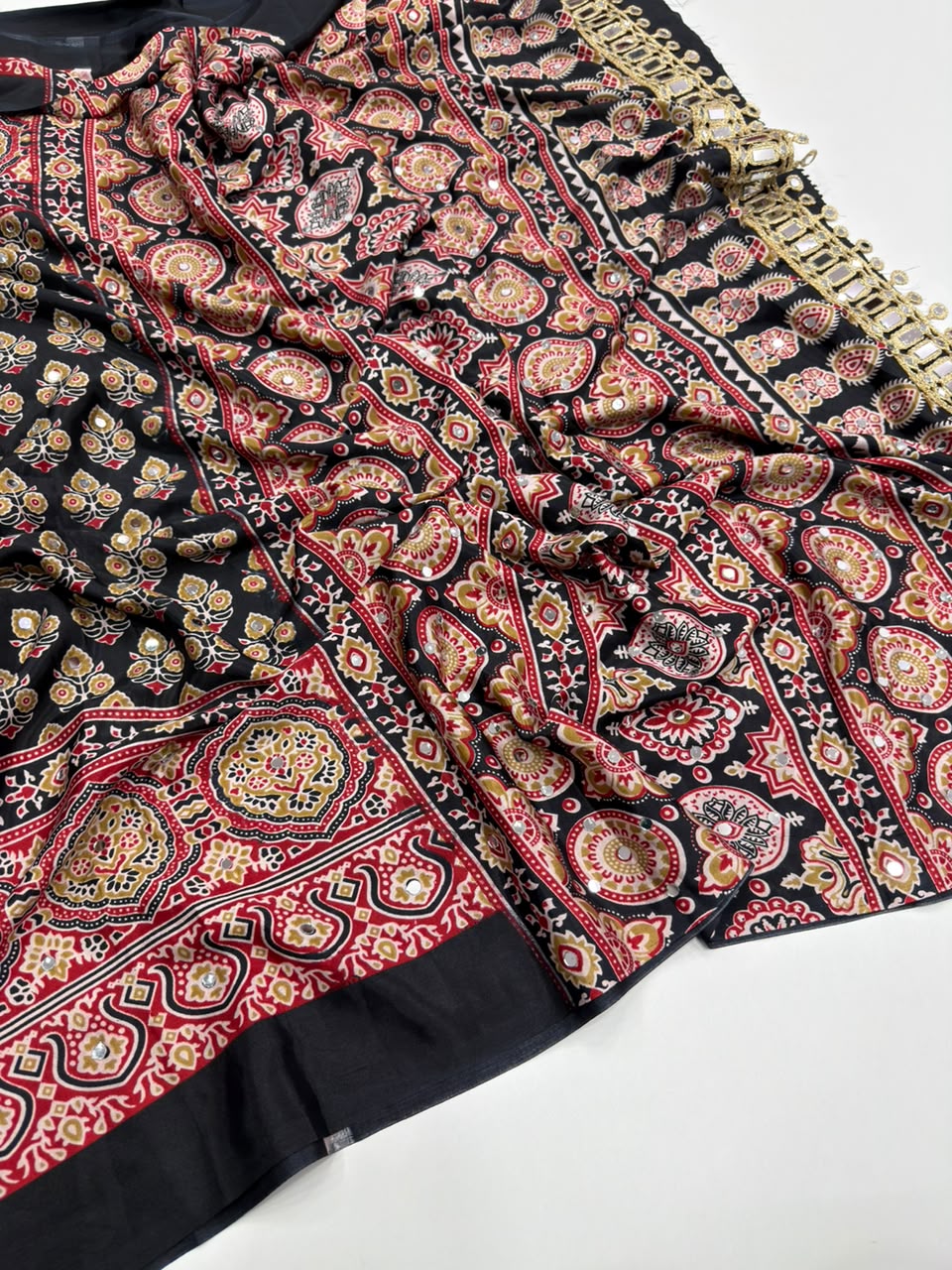Opulent Function Wear Pure Satin Silk Ajrak Printed Rich Pallu n Mirror Work Fancy Saree With Blouse Piece