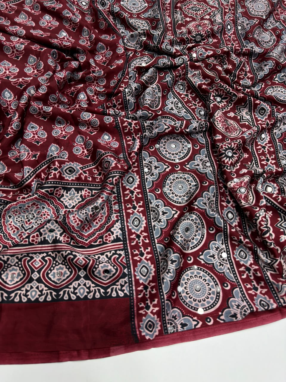 Opulent Function Wear Pure Satin Silk Ajrak Printed Rich Pallu n Mirror Work Fancy Saree With Blouse Piece