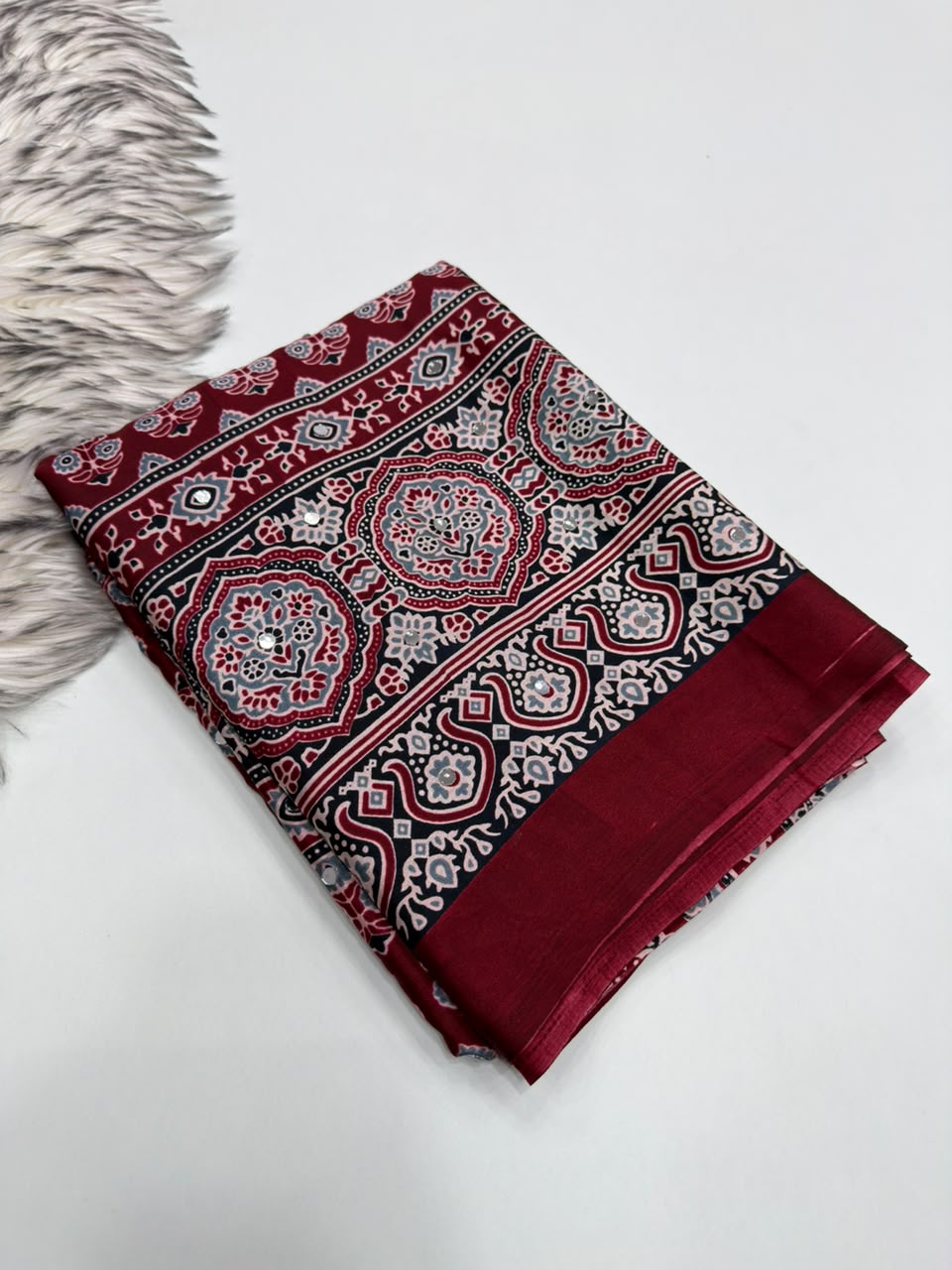 Opulent Function Wear Pure Satin Silk Ajrak Printed Rich Pallu n Mirror Work Fancy Saree With Blouse Piece