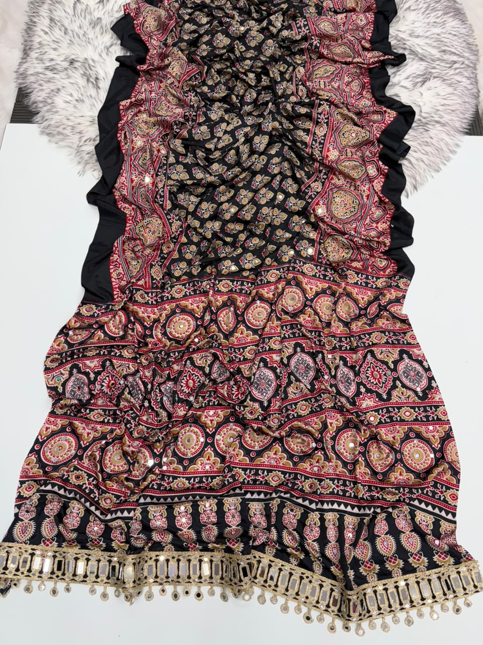 Opulent Function Wear Pure Satin Silk Ajrak Printed Rich Pallu n Mirror Work Fancy Saree With Blouse Piece