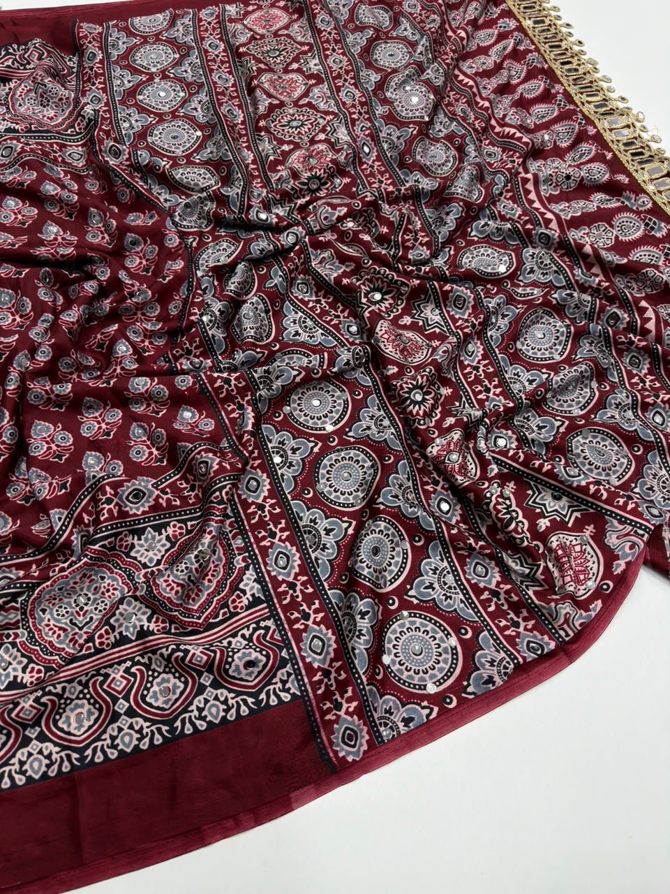Opulent Function Wear Pure Satin Silk Ajrak Printed Rich Pallu n Mirror Work Fancy Saree With Blouse Piece