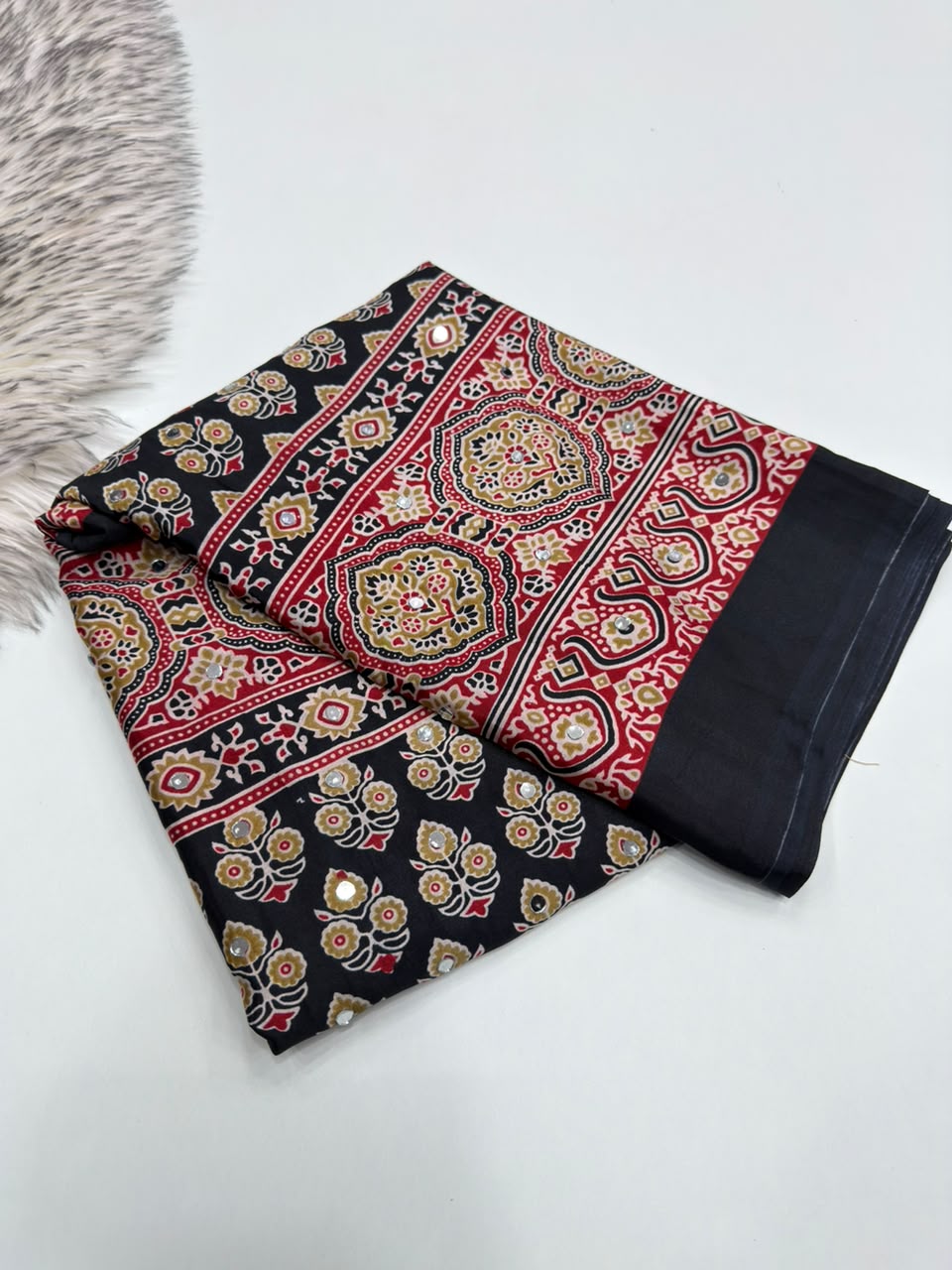 Opulent Function Wear Pure Satin Silk Ajrak Printed Rich Pallu n Mirror Work Fancy Saree With Blouse Piece