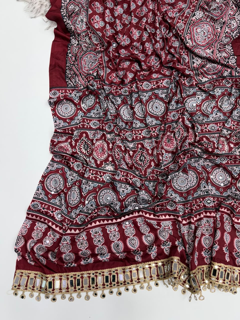 Opulent Function Wear Pure Satin Silk Ajrak Printed Rich Pallu n Mirror Work Fancy Saree With Blouse Piece