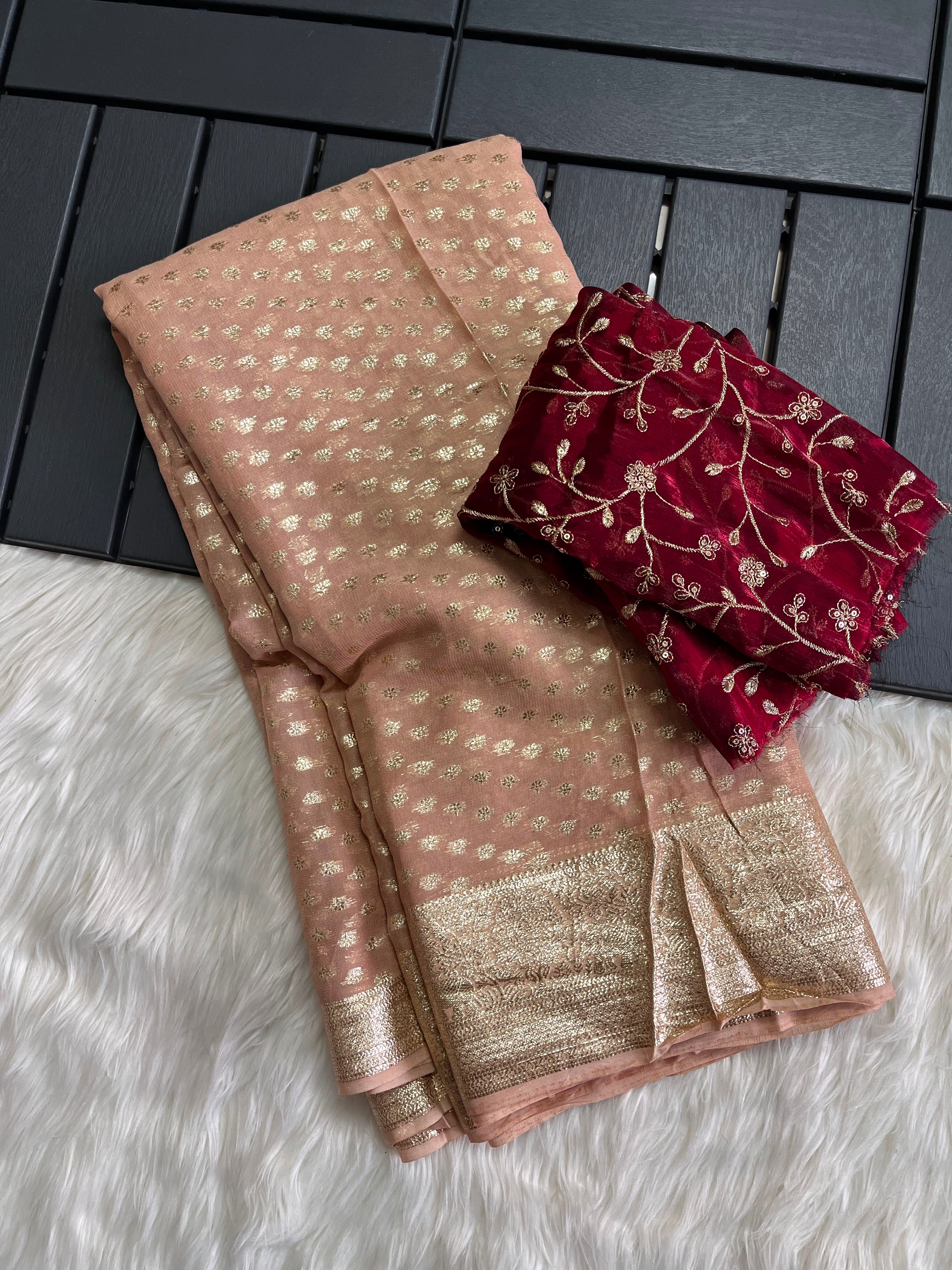 Traditional Party Wear Pure Viscose Silk Golden Embroidery n Butti Work Fancy Saree With Contrast Blouse Piece