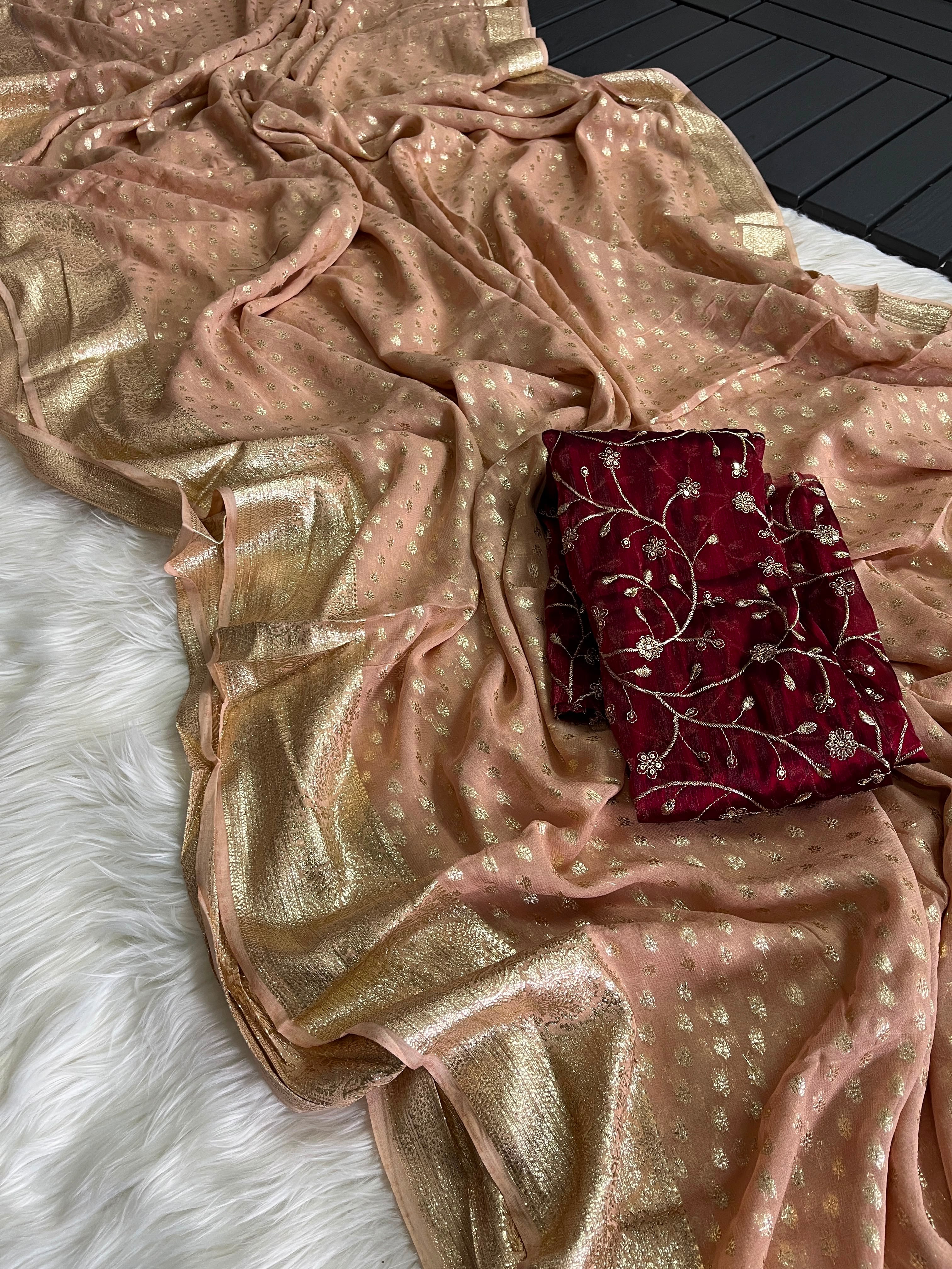 Traditional Party Wear Pure Viscose Silk Golden Embroidery n Butti Work Fancy Saree With Contrast Blouse Piece