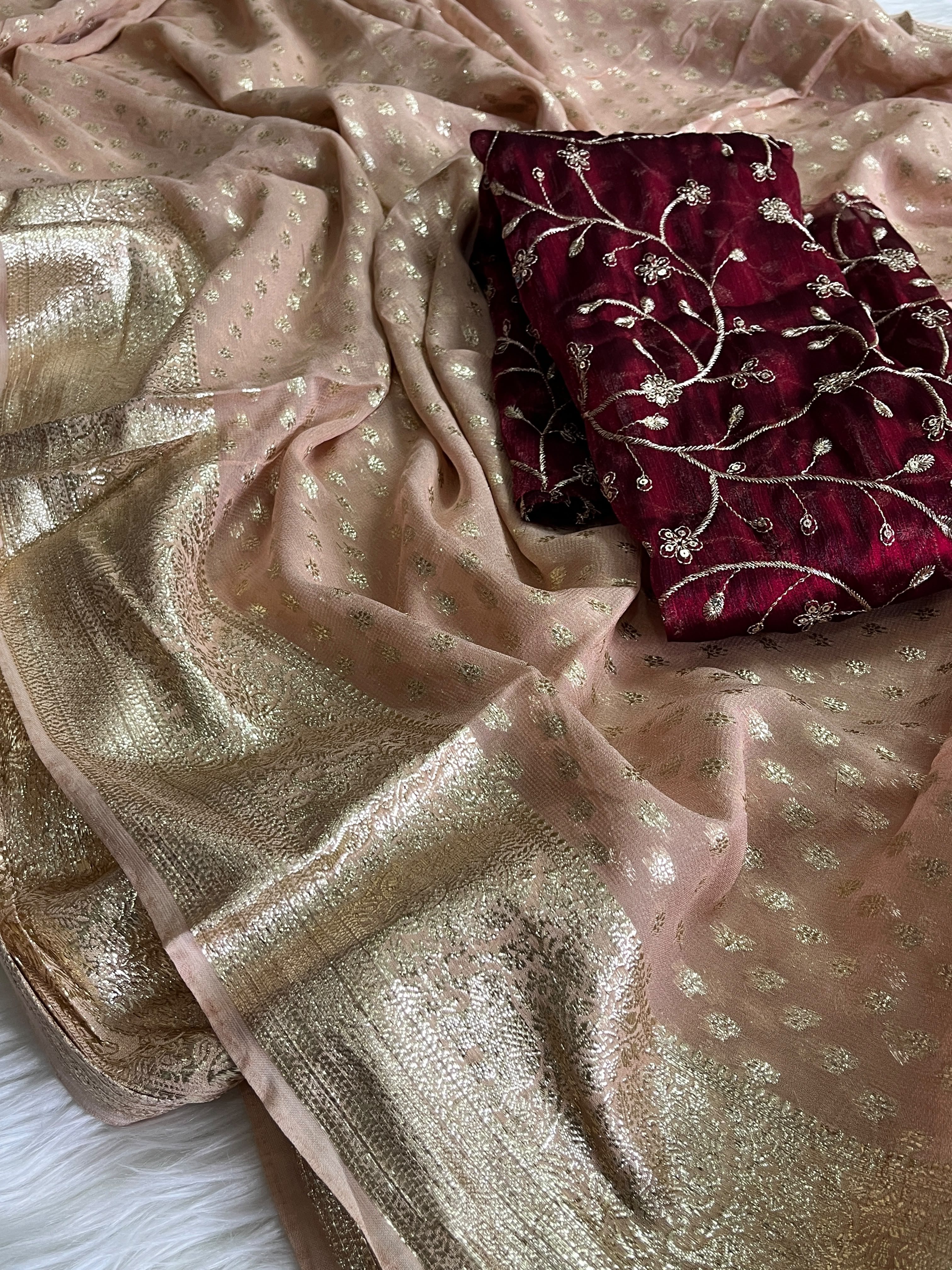 Traditional Party Wear Pure Viscose Silk Golden Embroidery n Butti Work Fancy Saree With Contrast Blouse Piece