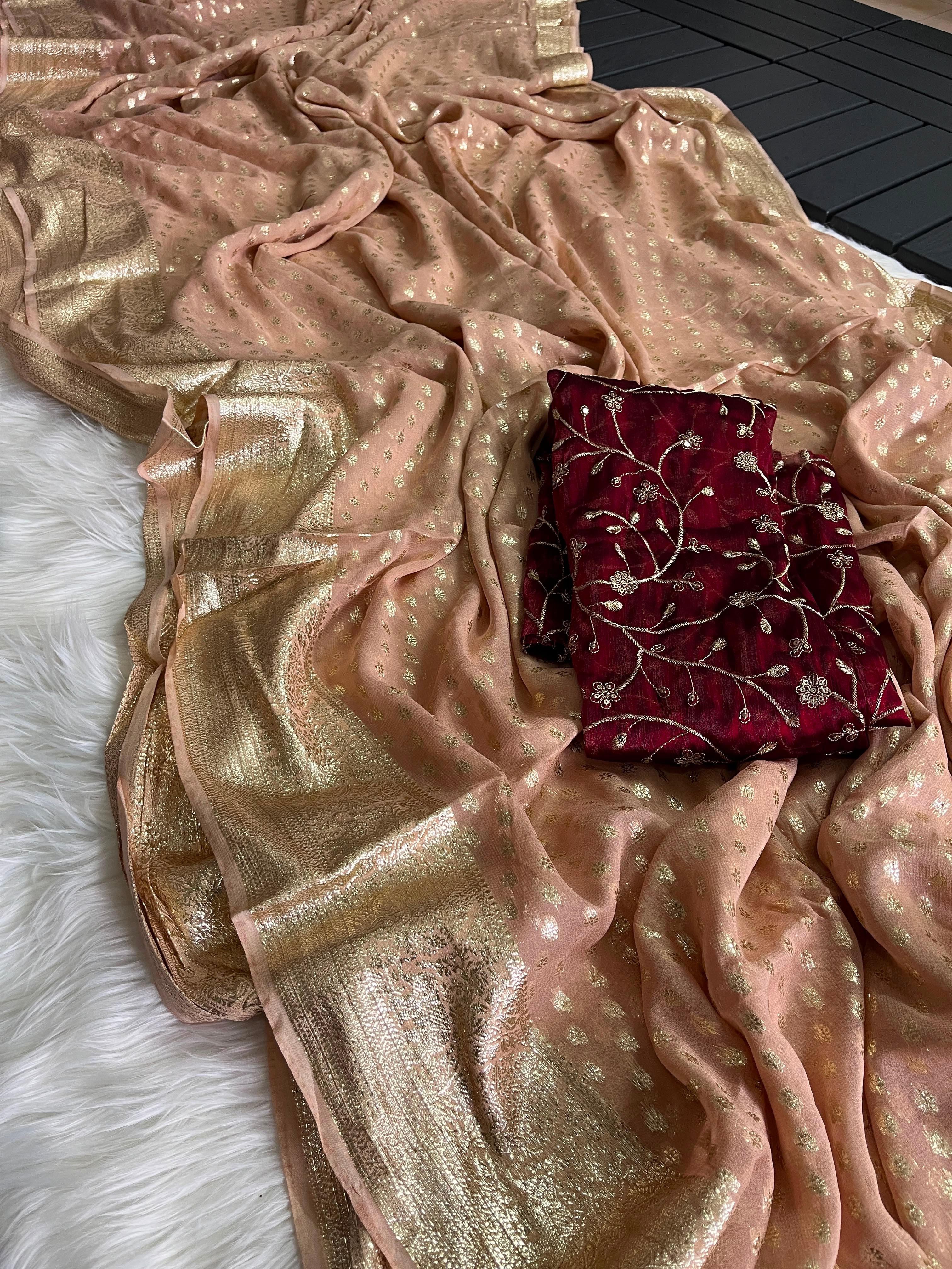 Traditional Party Wear Pure Viscose Silk Golden Embroidery n Butti Work Fancy Saree With Contrast Blouse Piece