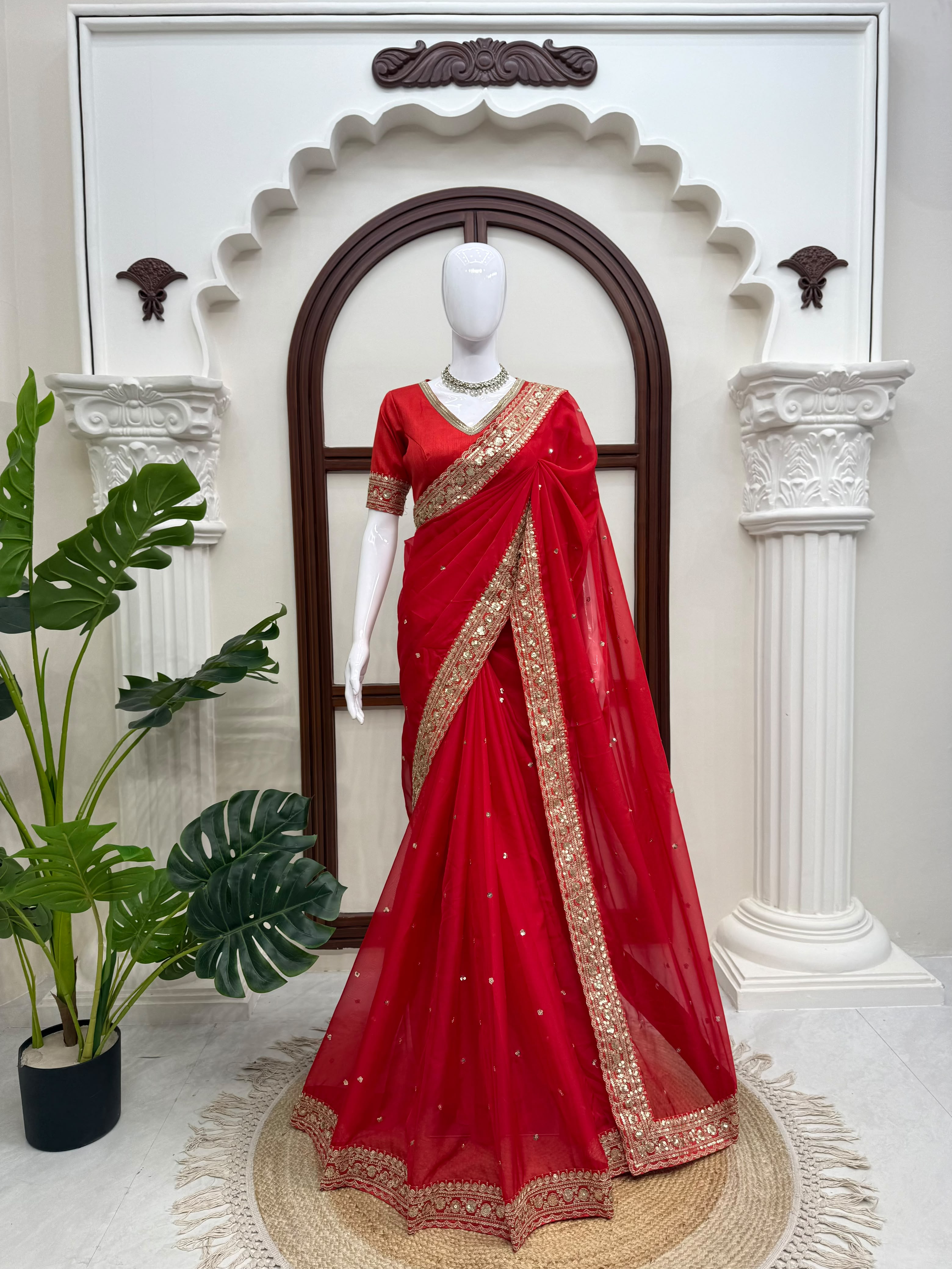 Dazzling Wedding Wear Silk Sequence n Thread Work Designer Saree With Unstitched Blouse Piece