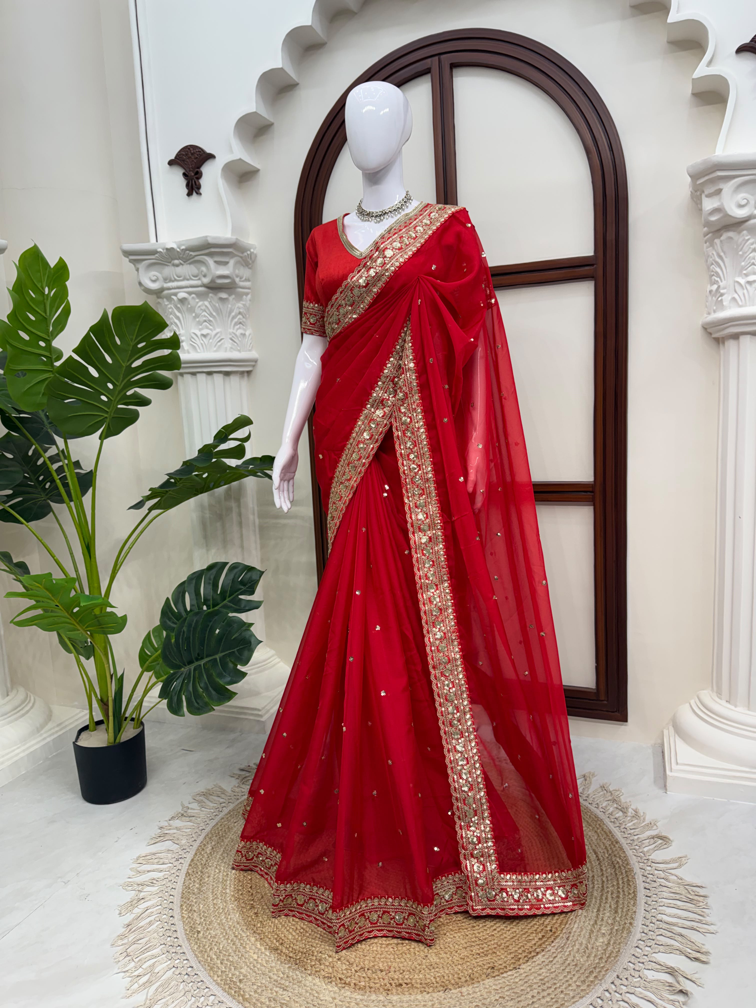Dazzling Wedding Wear Silk Sequence n Thread Work Designer Saree With Unstitched Blouse Piece