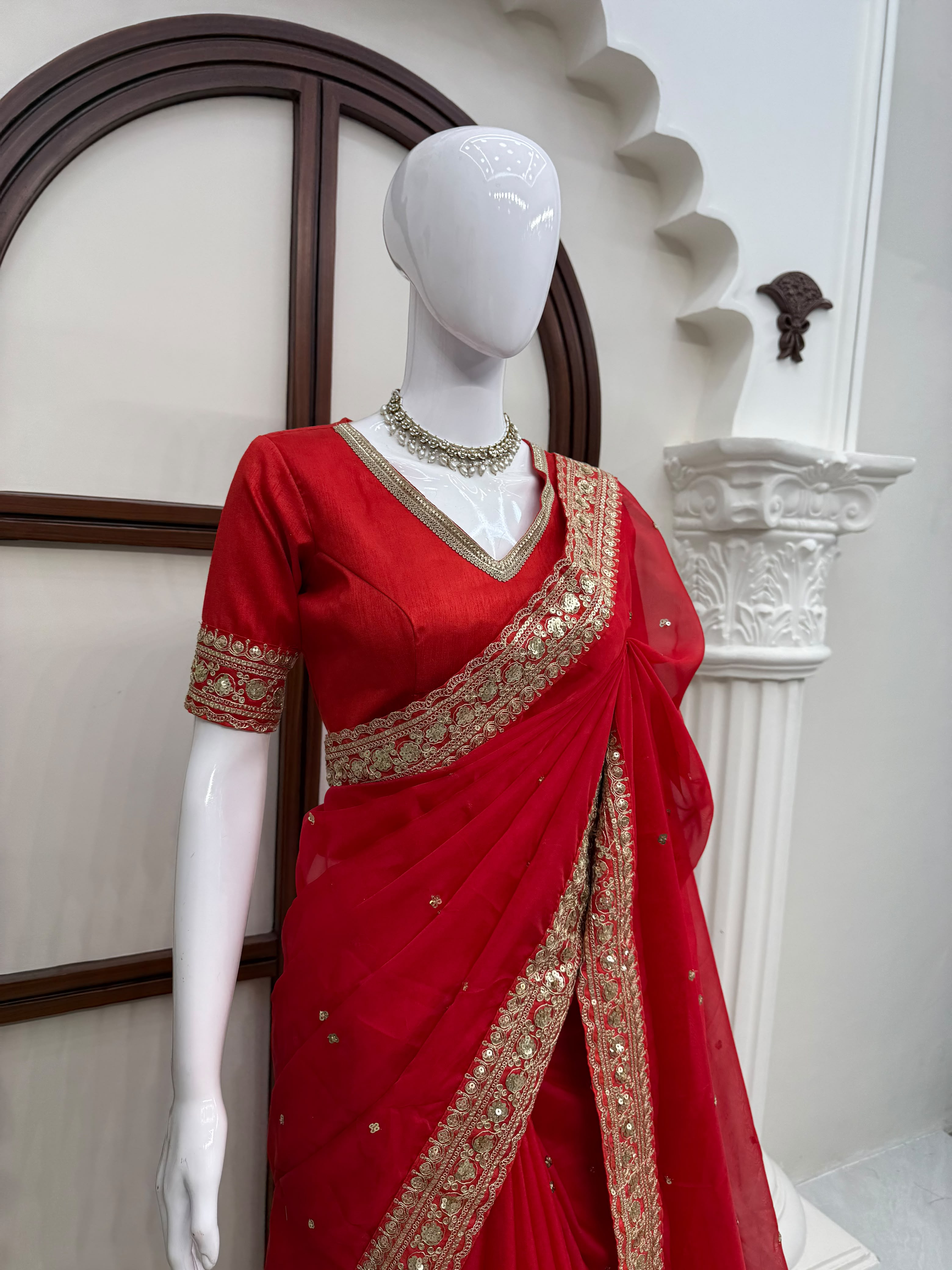 Dazzling Wedding Wear Silk Sequence n Thread Work Designer Saree With Unstitched Blouse Piece
