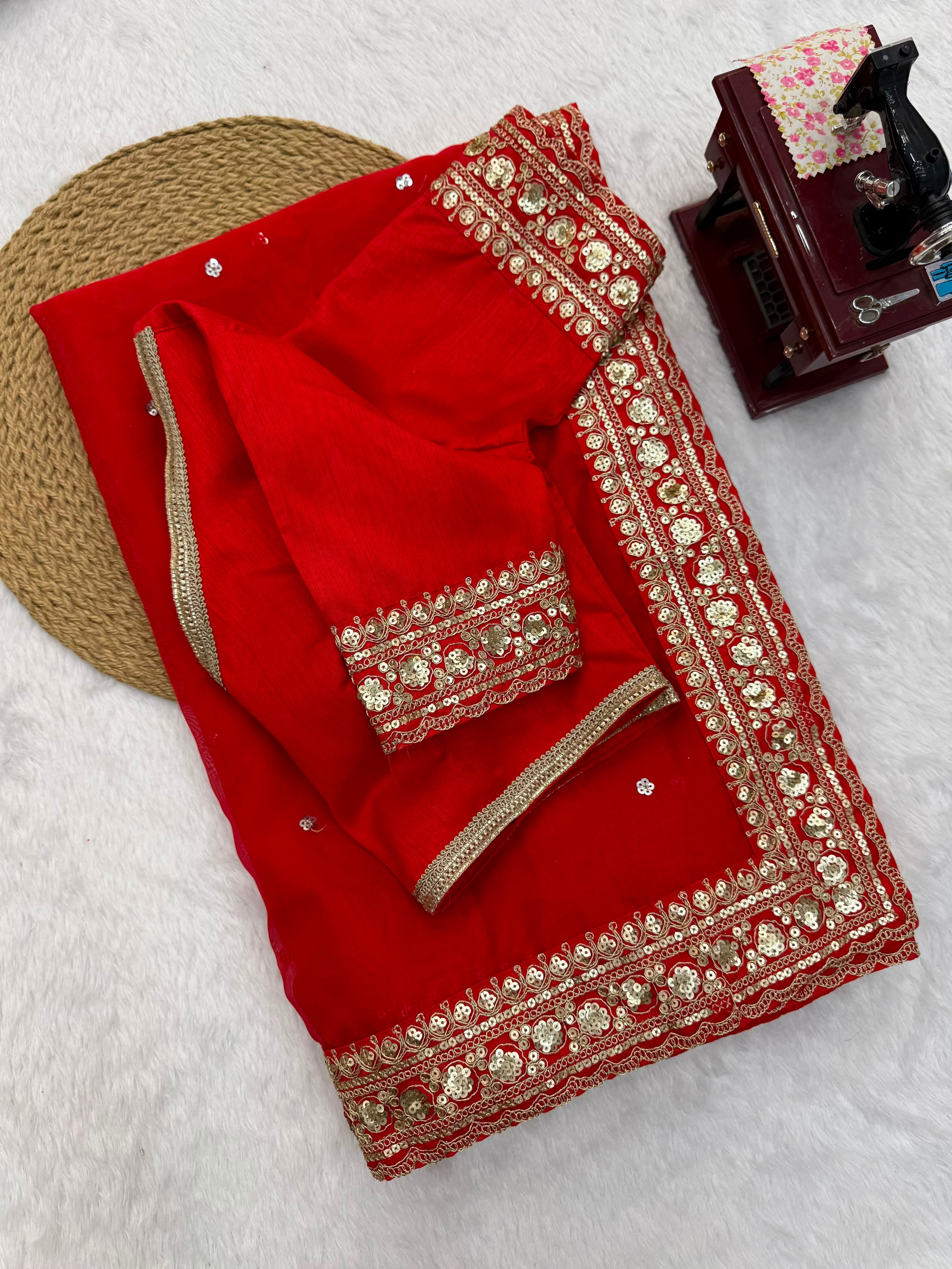 Dazzling Wedding Wear Silk Sequence n Thread Work Designer Saree With Unstitched Blouse Piece