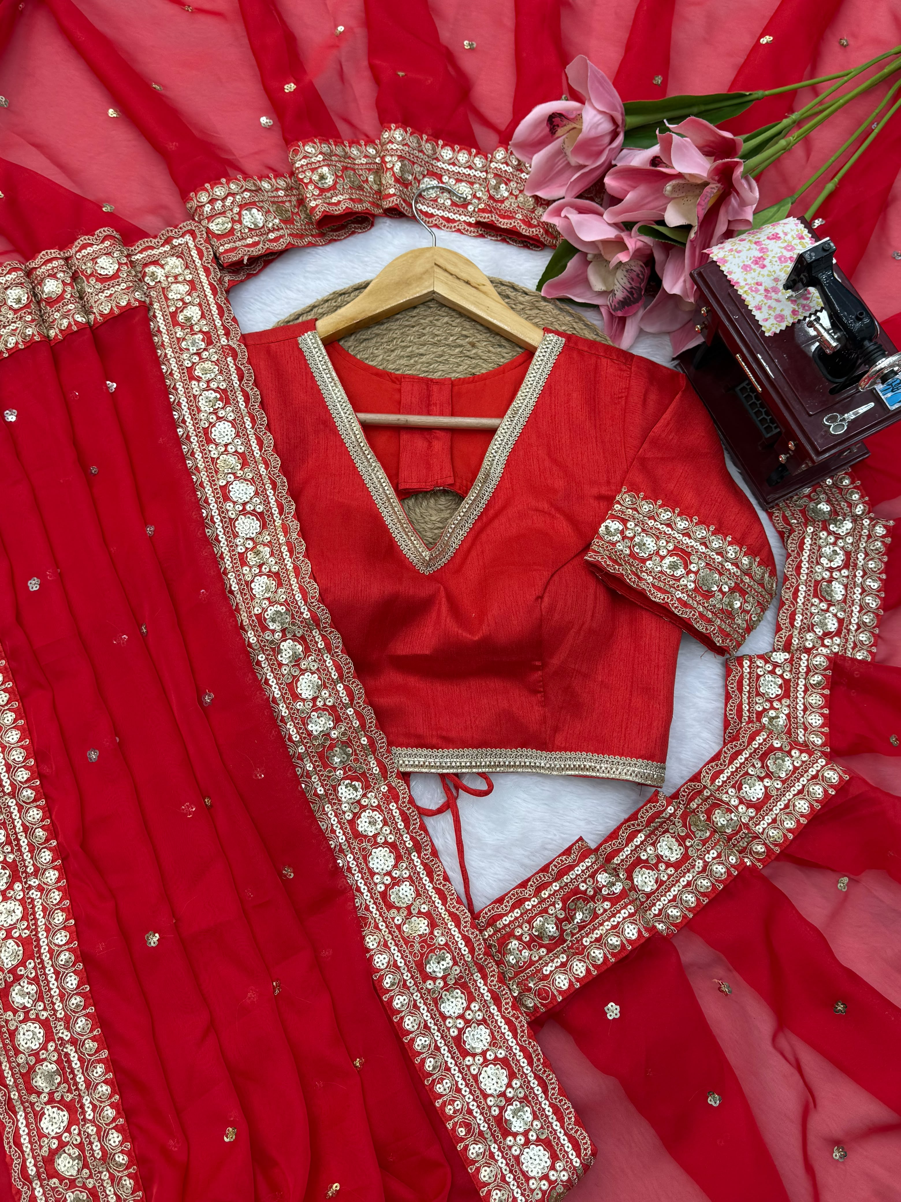 Dazzling Wedding Wear Silk Sequence n Thread Work Designer Saree With Unstitched Blouse Piece